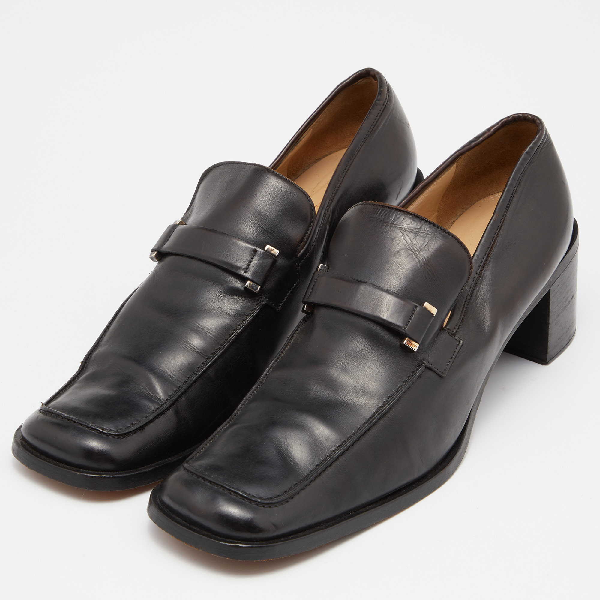 Gucci Black Leather Block Heel Loafer Pumps Size 40