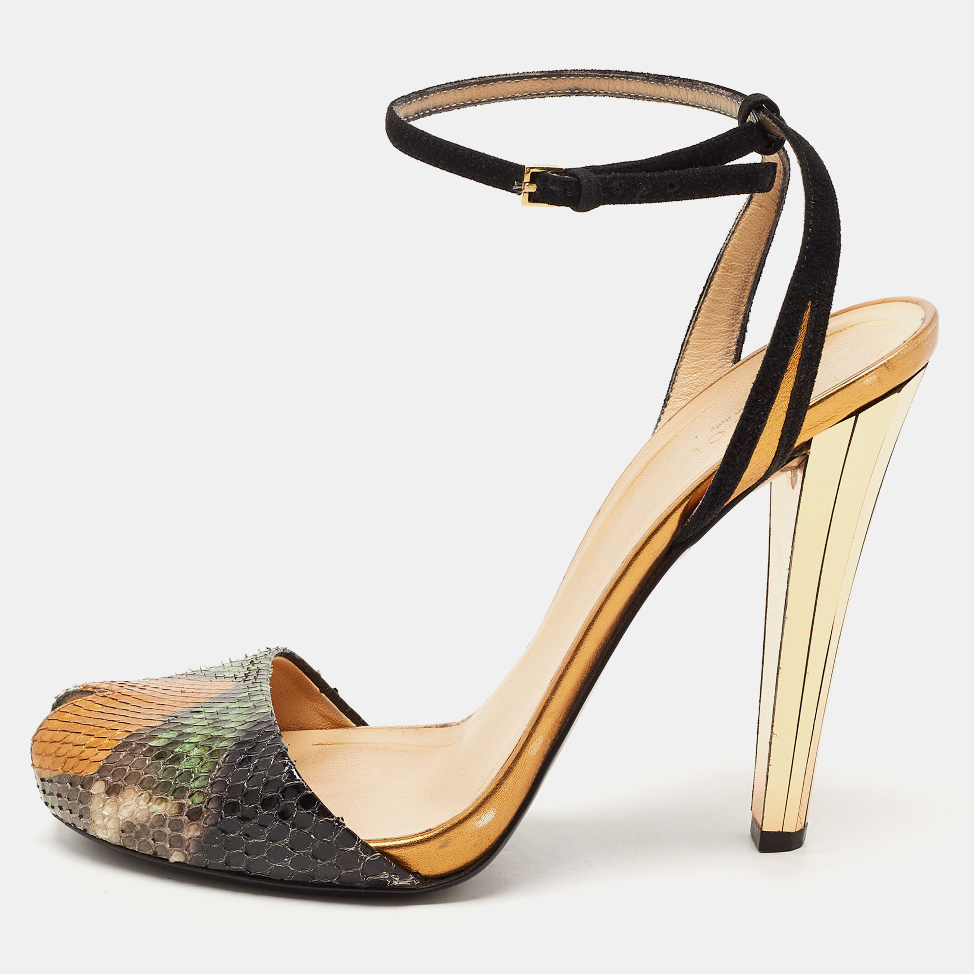 Gucci Multicolor Python And Suede Ankle Strap Peep Toe Sandals Size 39.5