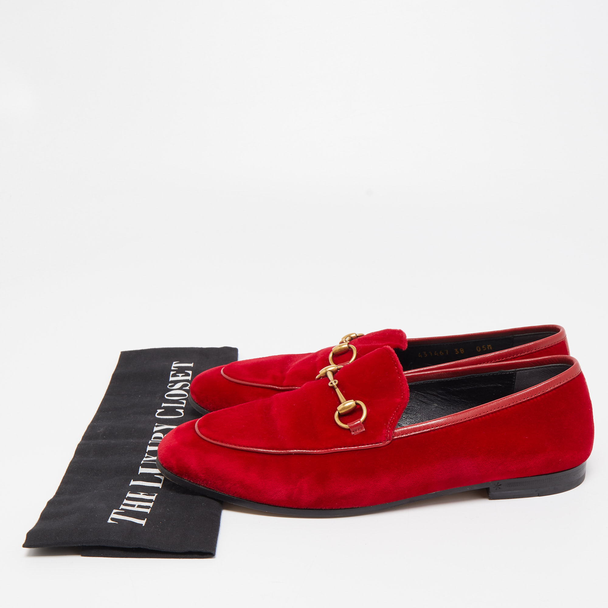 Gucci Red Velvet Jordaan Horsebit Loafers Size 38