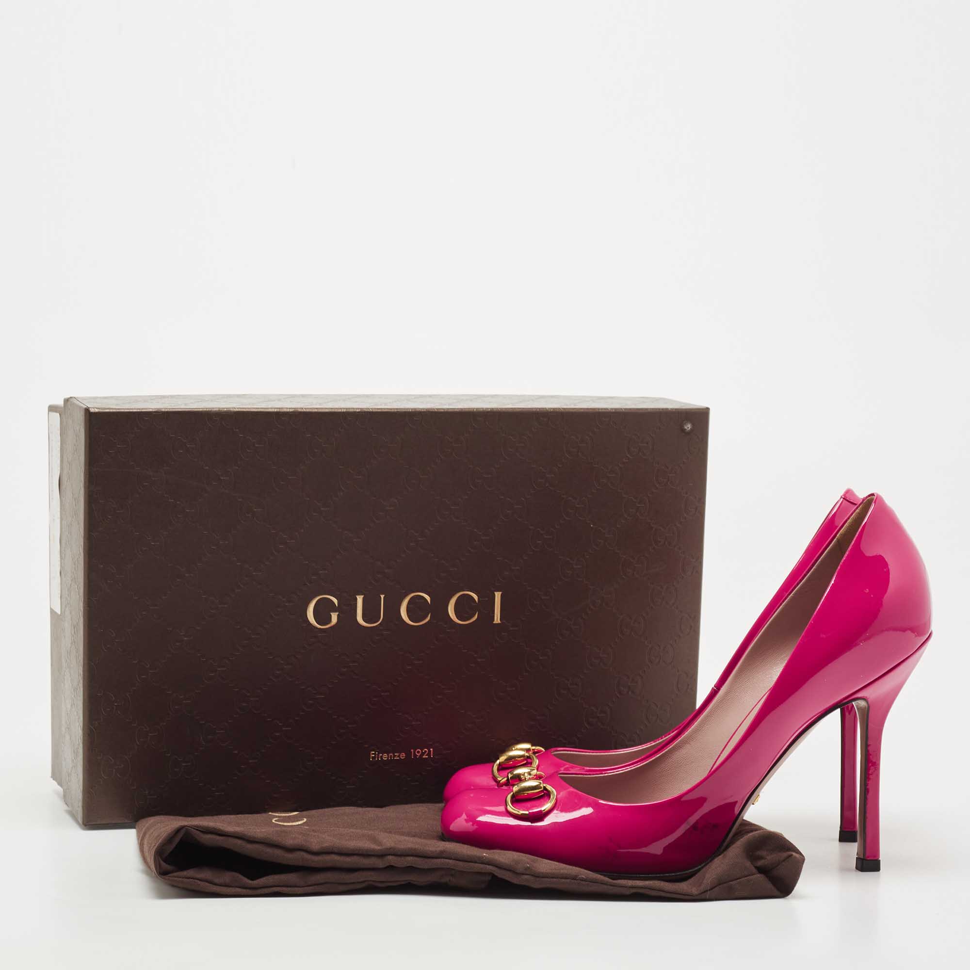 Gucci Pink Patent Leather Jolene Horsebit Pumps Size 38.5