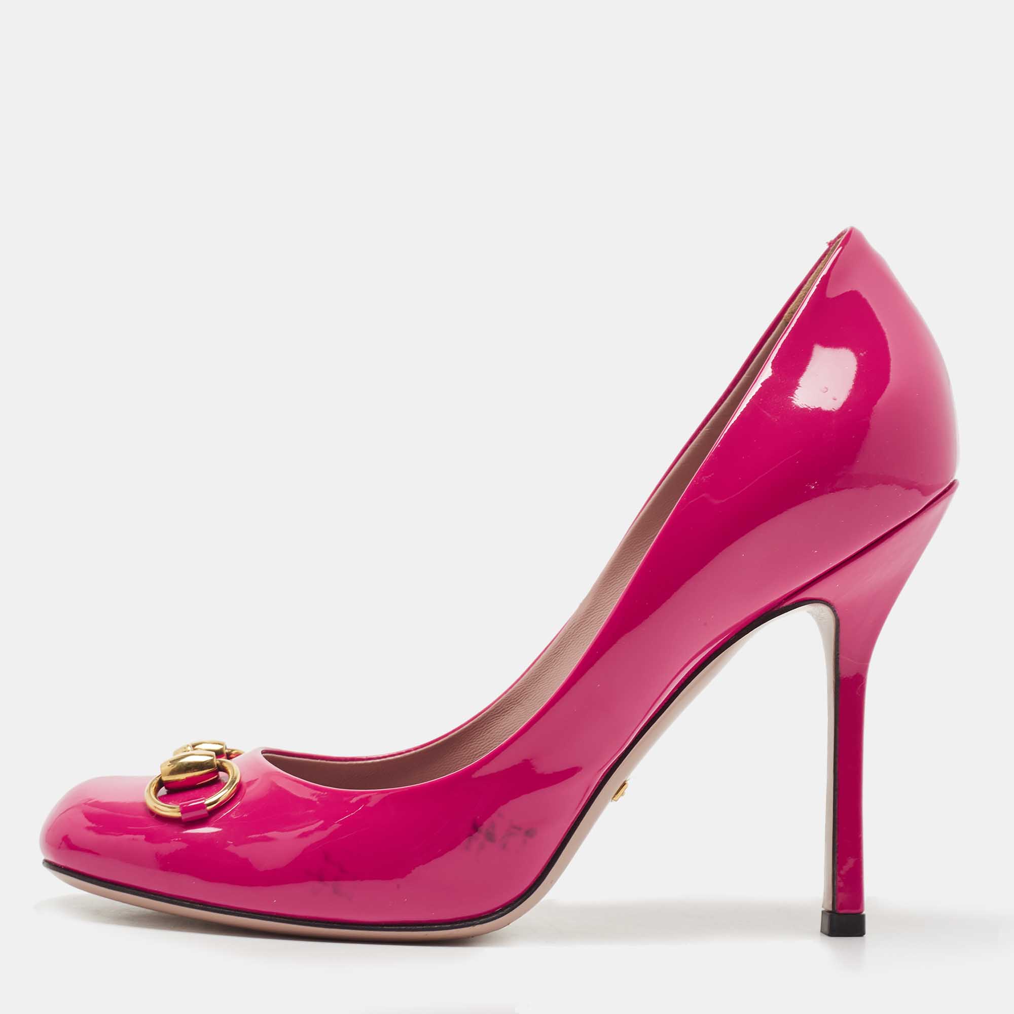 Gucci Pink Patent Leather Jolene Horsebit Pumps Size 38.5