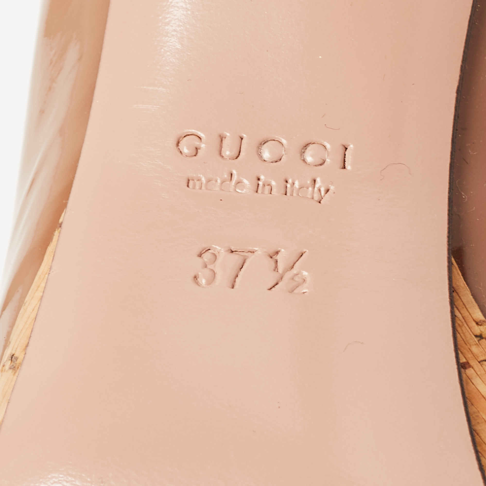 Gucci Brown Patent Leather Cork Platform Peep Toe Pumps Size 37.5