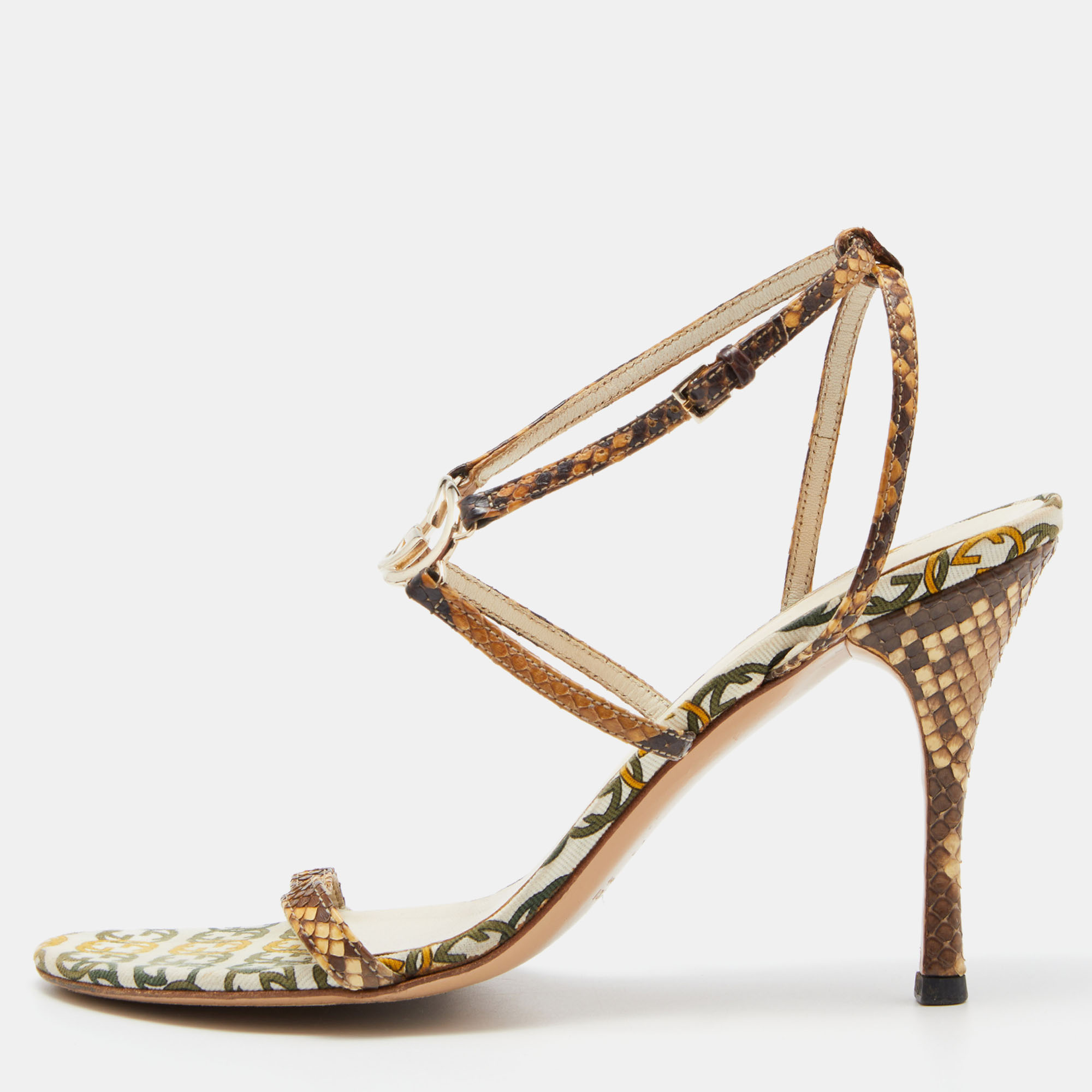 Gucci Brown/Beige Python And Canvas Ankle Strap Sandals Size 40
