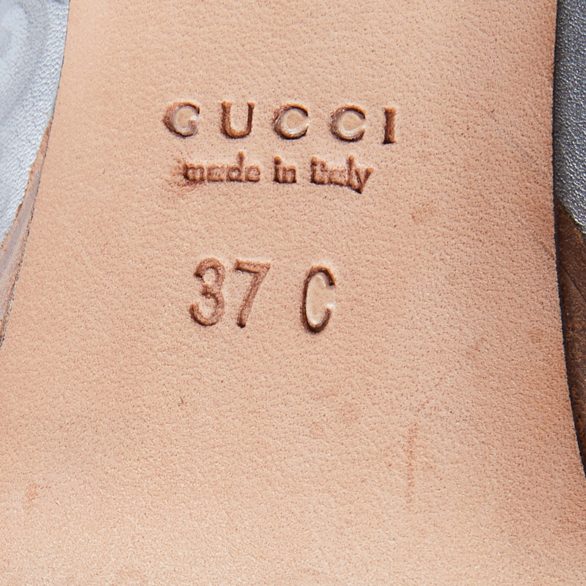 Gucci Grey Leather Guccissima Horsebit Peep Toe Pumps Size 37