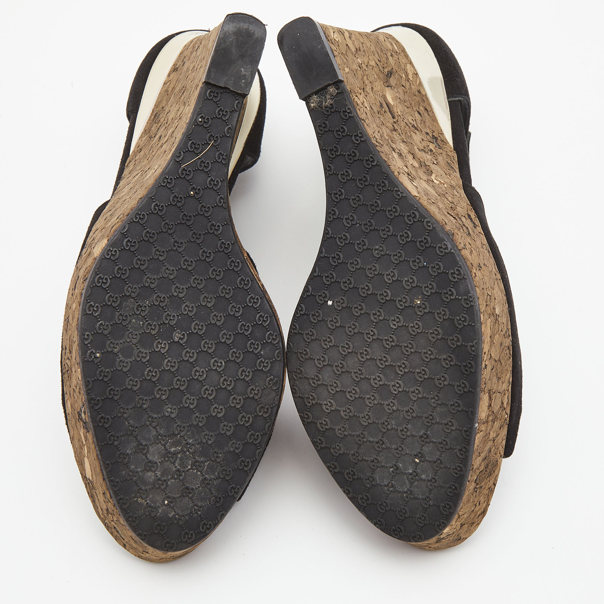 Gucci Black Suede Cork Wedge Platform Ankle Strap Sandals Size 37.5