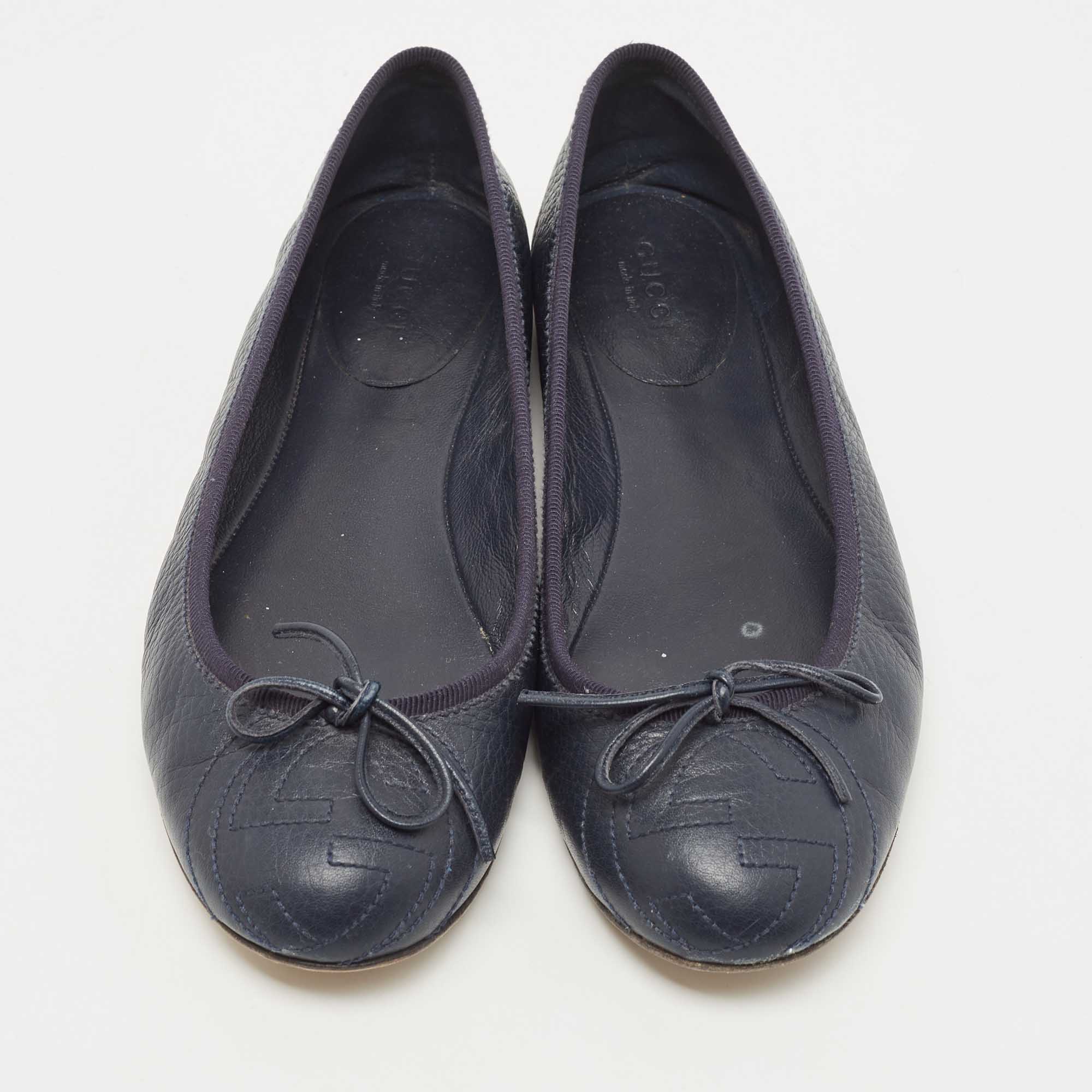 Gucci Navy Blue Leather Bow Ballet Flats Size 37.5