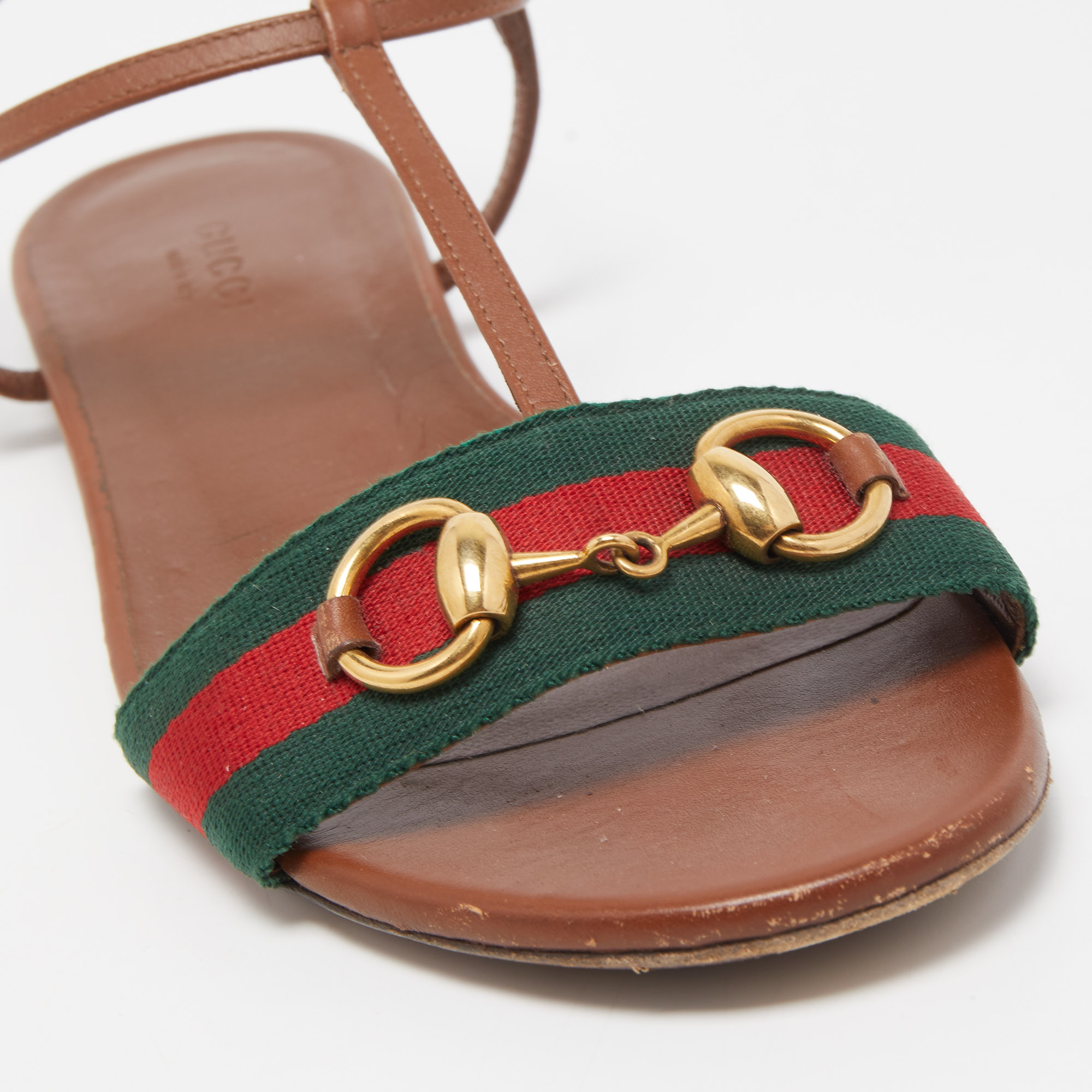 Gucci Brown Leather Web Detail Liliana Horsebit Flat Sandals Size 37