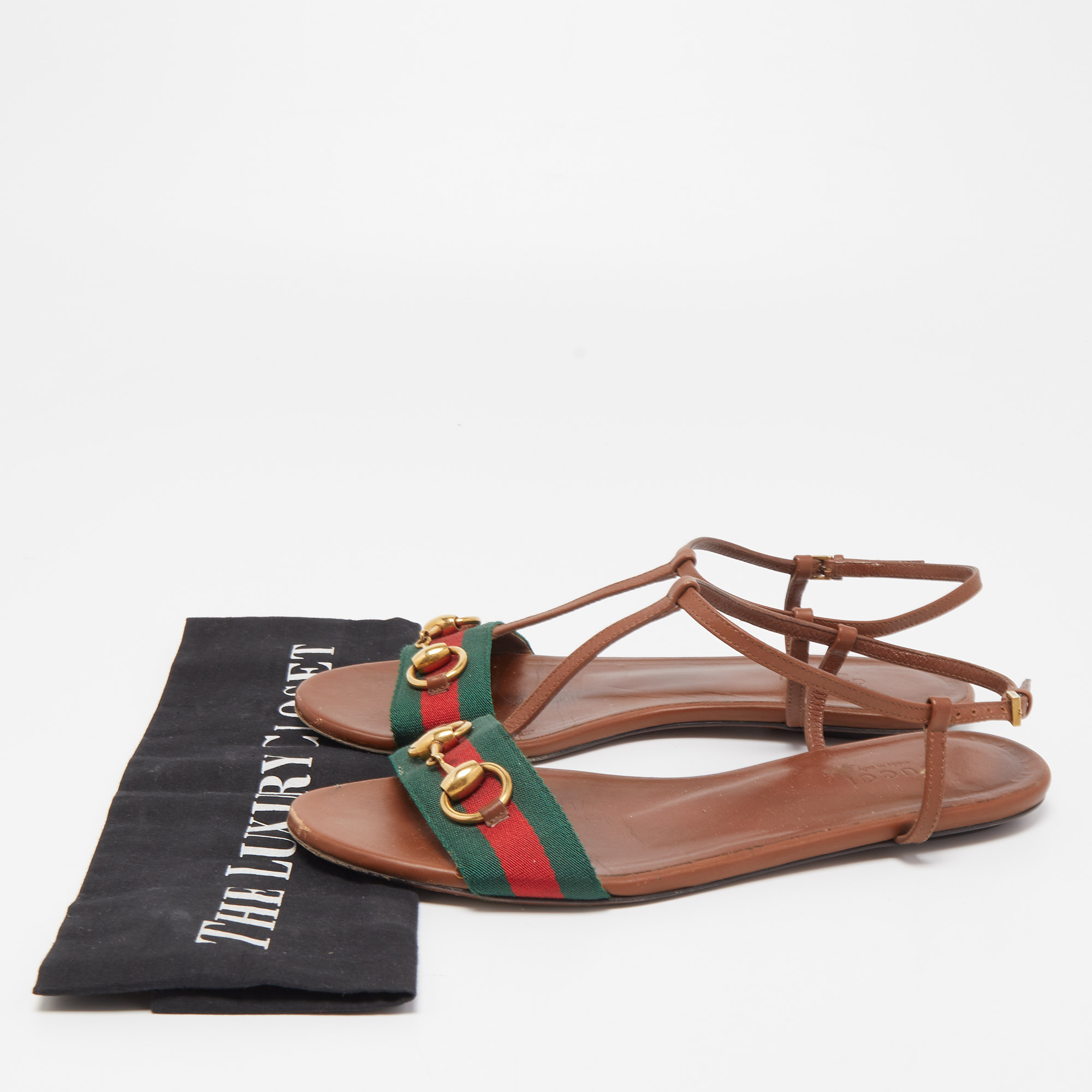Gucci Brown Leather Web Detail Liliana Horsebit Flat Sandals Size 37