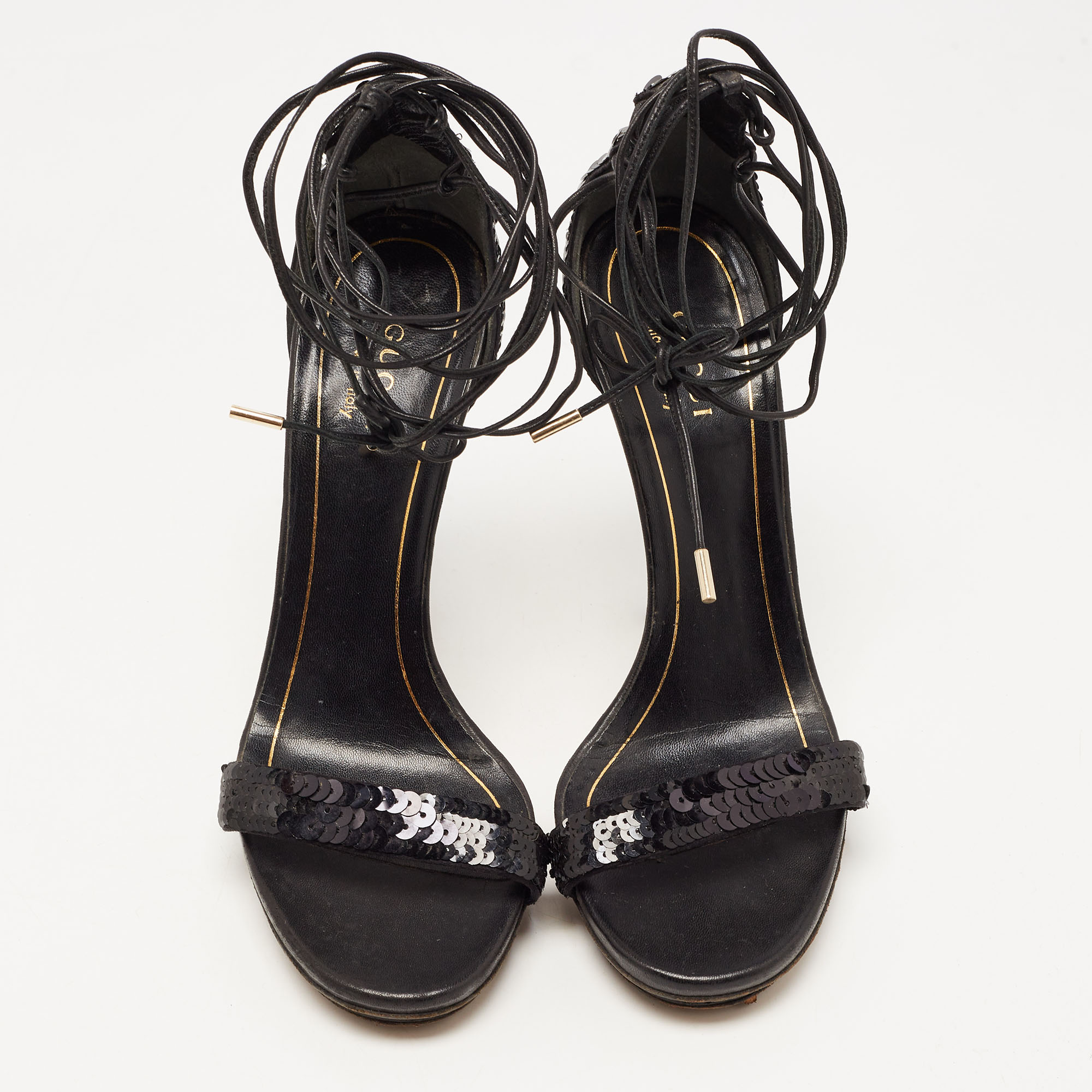 Gucci Black Sequins Ankle Tie Platform Sandals Size 36