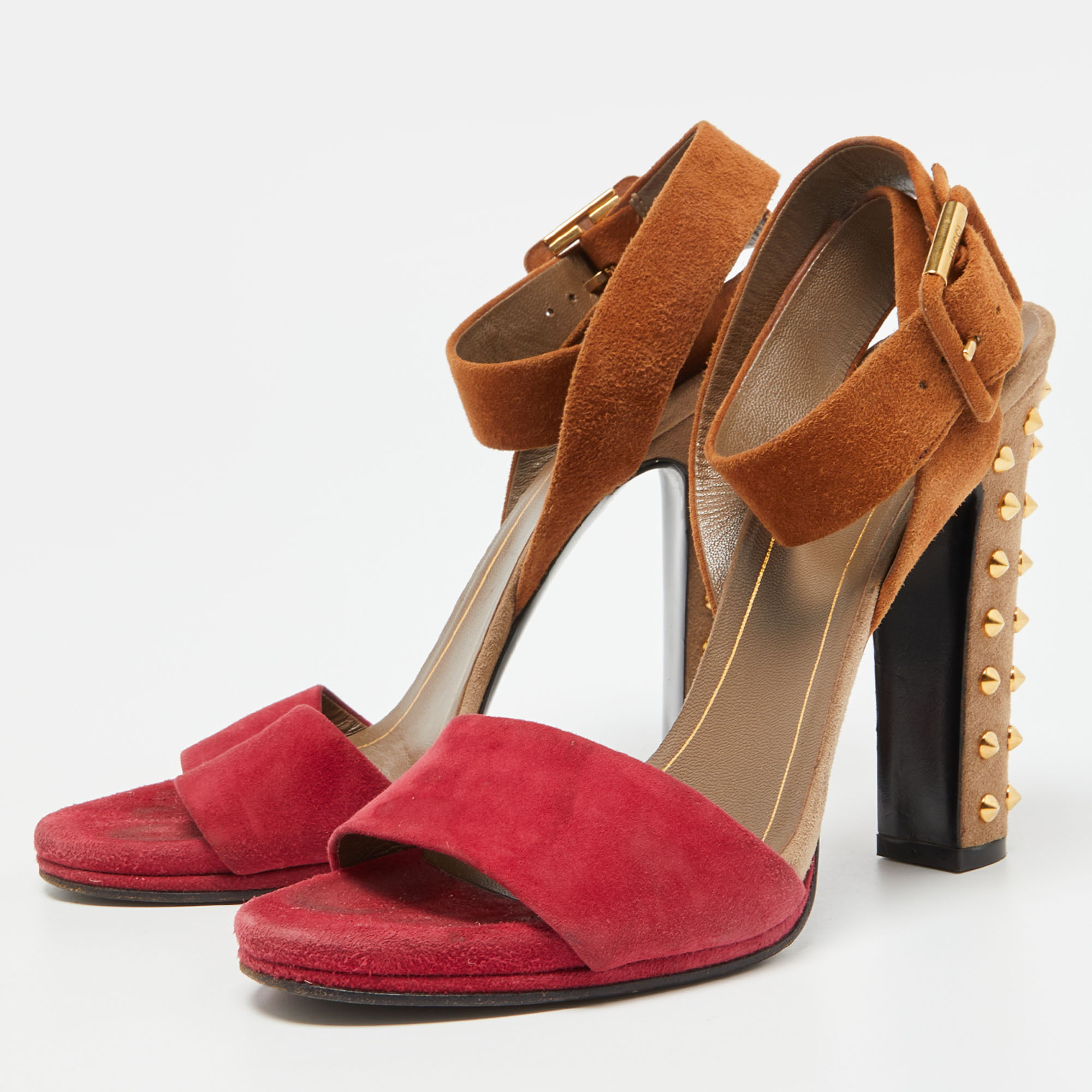 

Gucci Two Tone Suede Madison Studded Heel Sandals Size, Red
