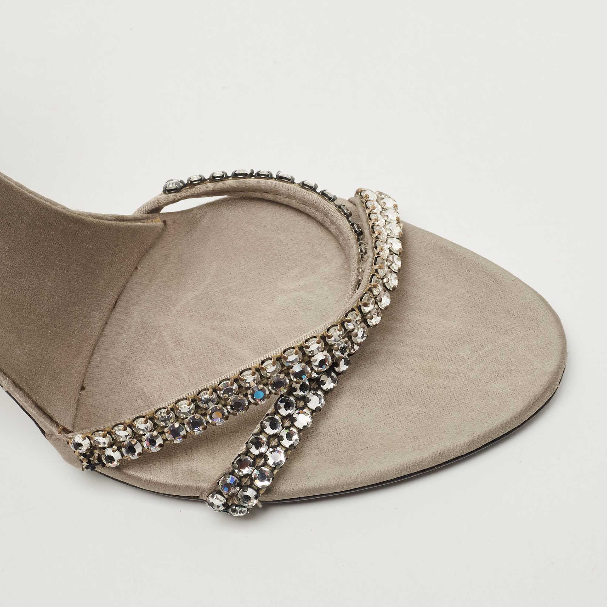 Gucci Grey Satin Crystal Embellished Ankle Wrap Sandals Size 37.5