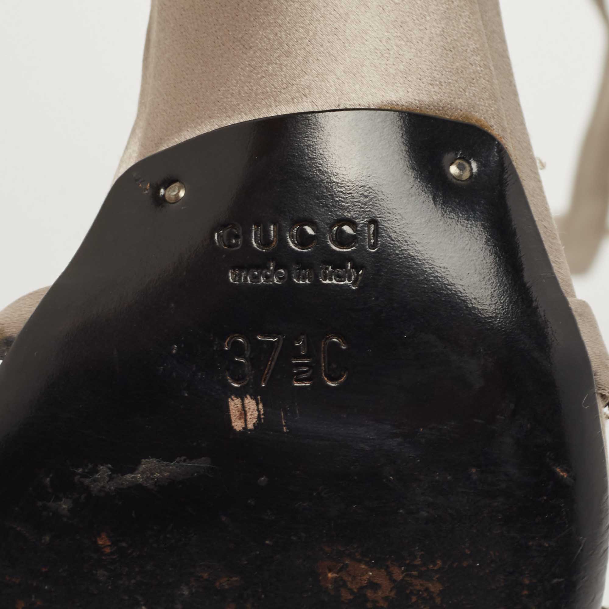 Gucci Grey Satin Crystal Embellished Ankle Wrap Sandals Size 37.5