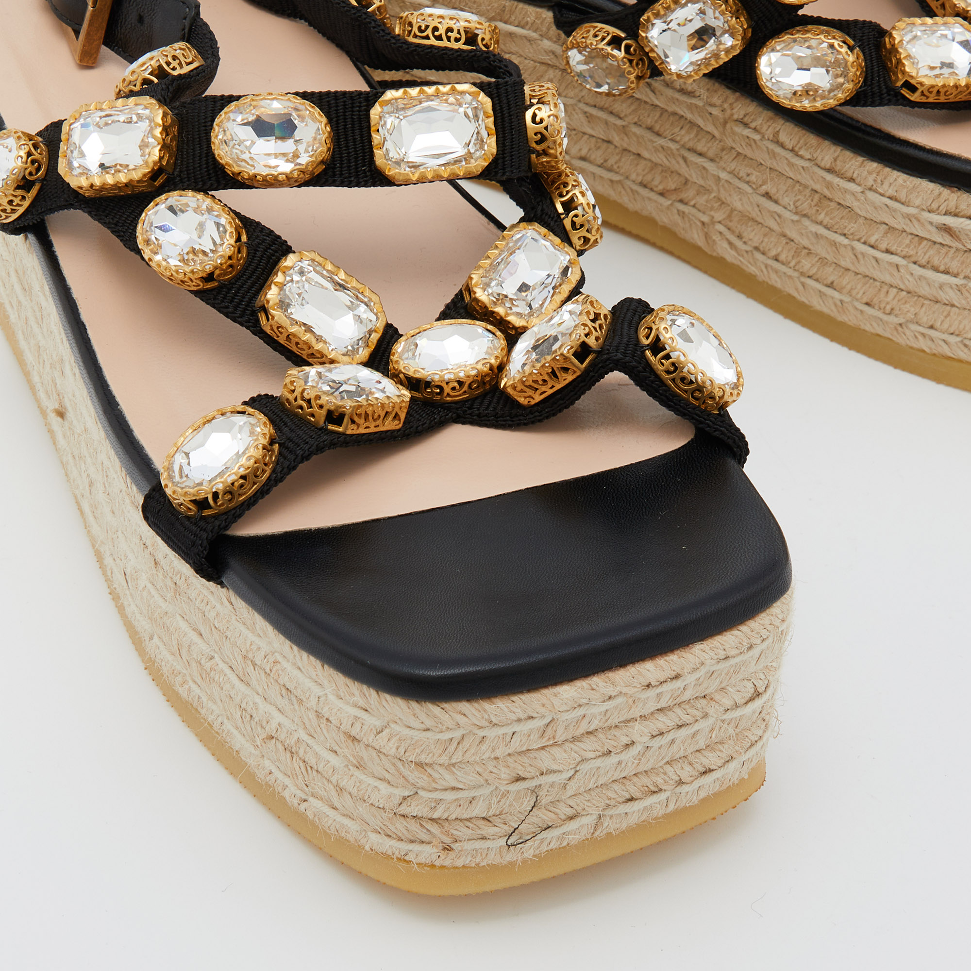 Gucci Black Nylon And Leather Pepita Crystals Platform Espadrille Sandals Size 38