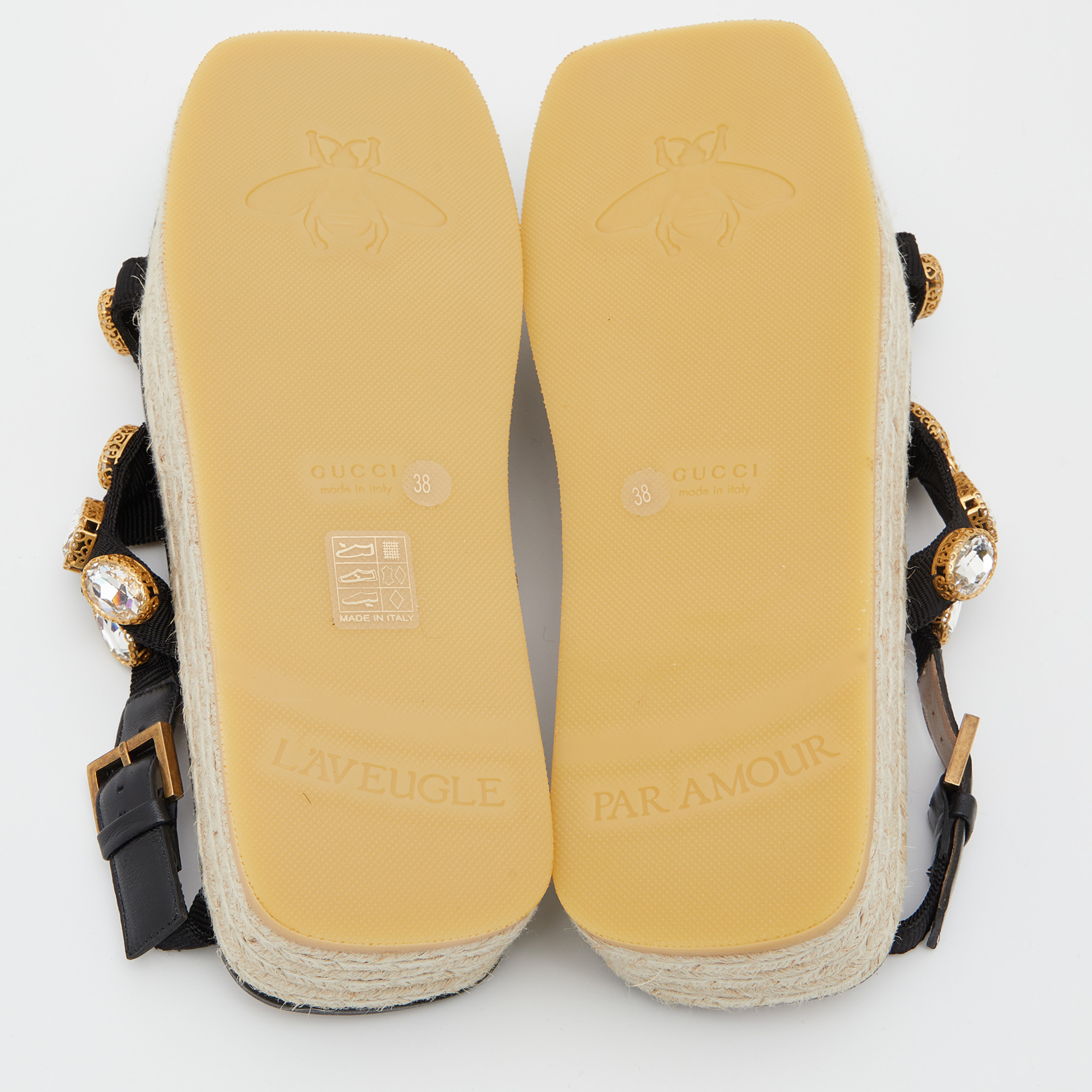 Gucci Black Nylon And Leather Pepita Crystals Platform Espadrille Sandals Size 38