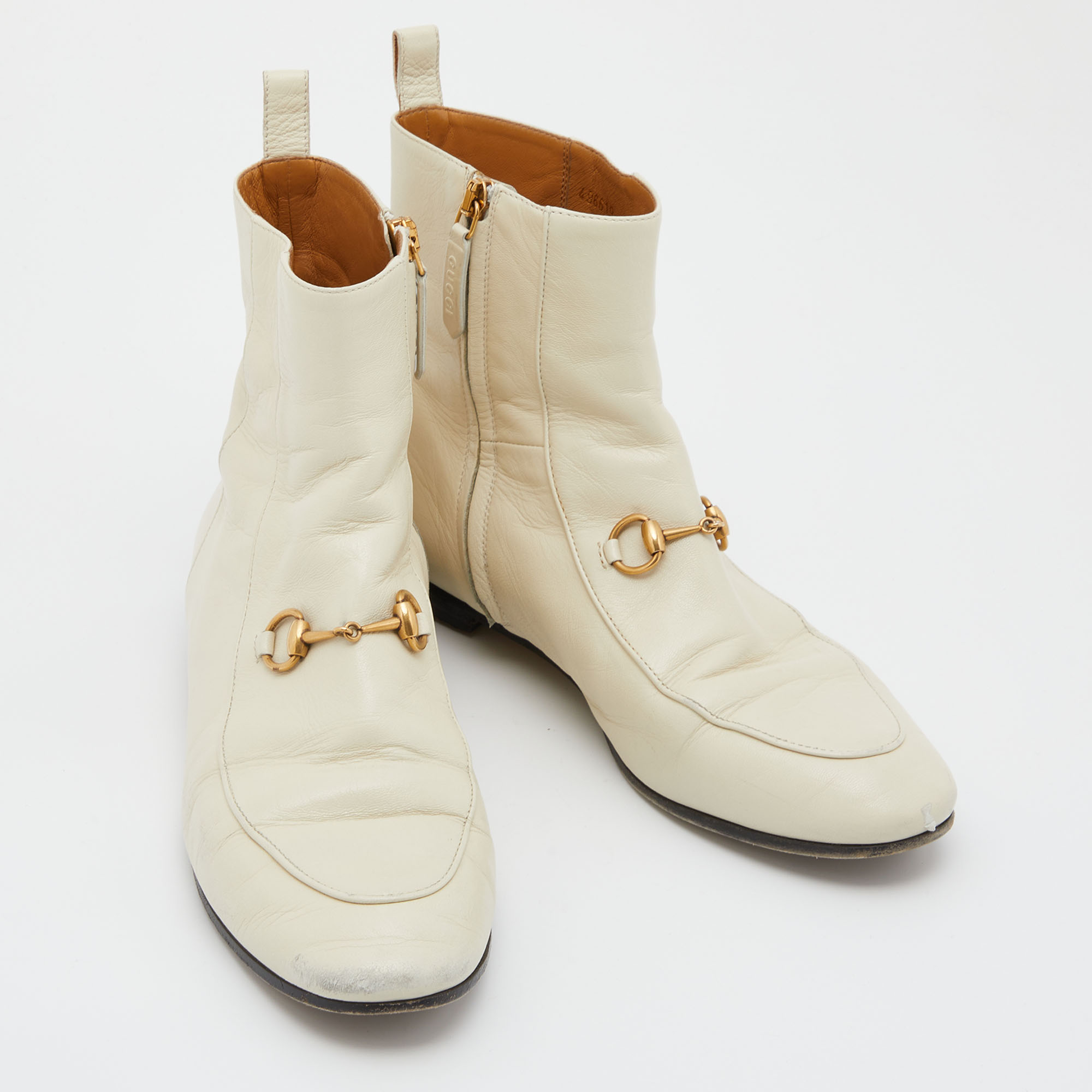 Gucci Cream Leather Horsebit Ankle Boots Size 38