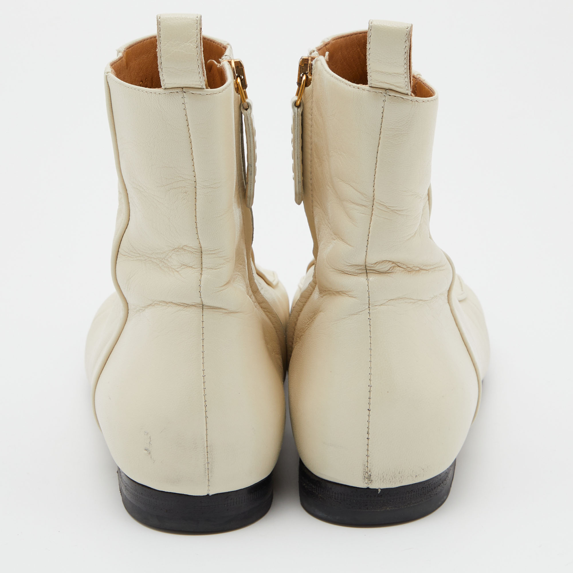 Gucci Cream Leather Horsebit Ankle Boots Size 38