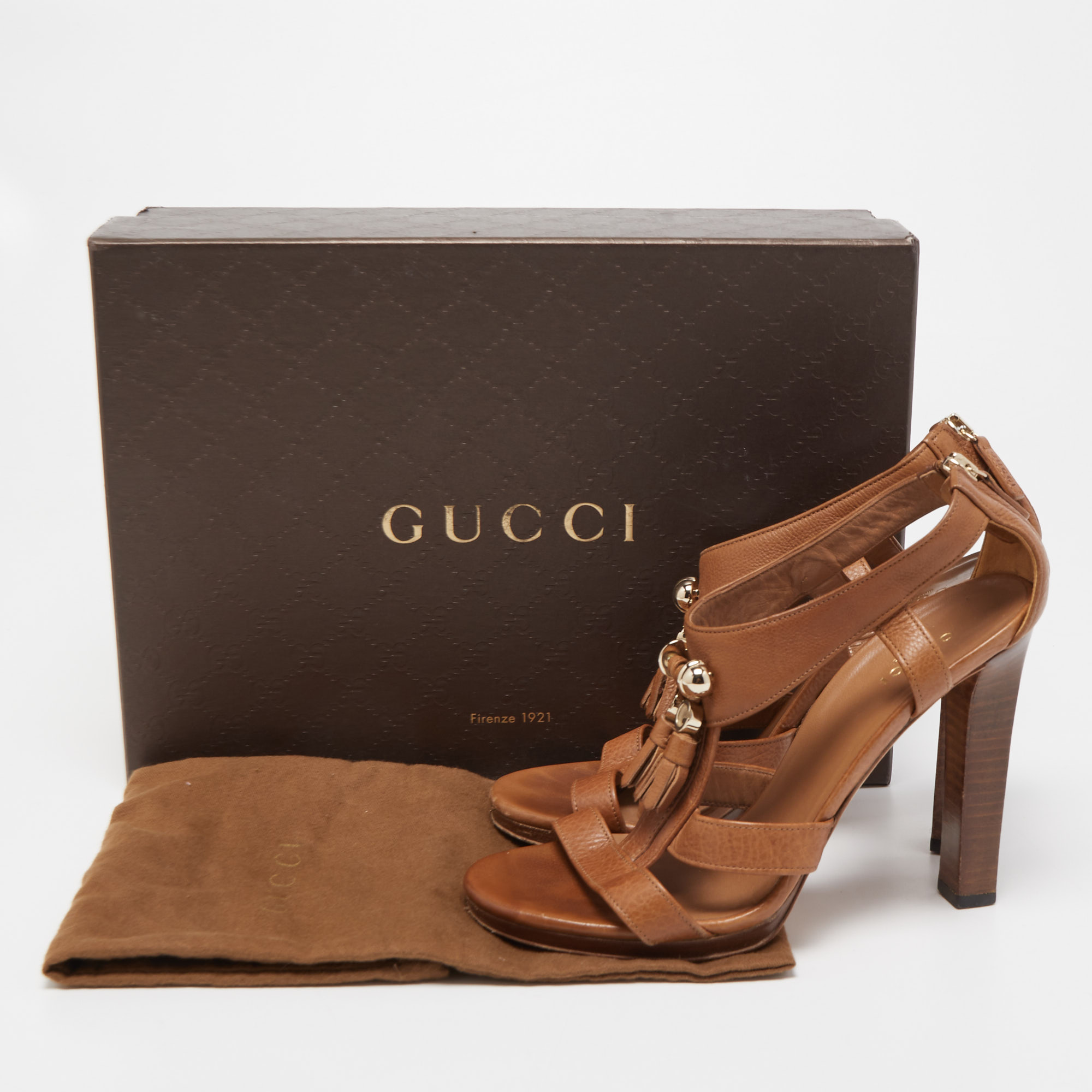 Gucci Brown Leather Tassel Detail Strappy Sandals Size 37