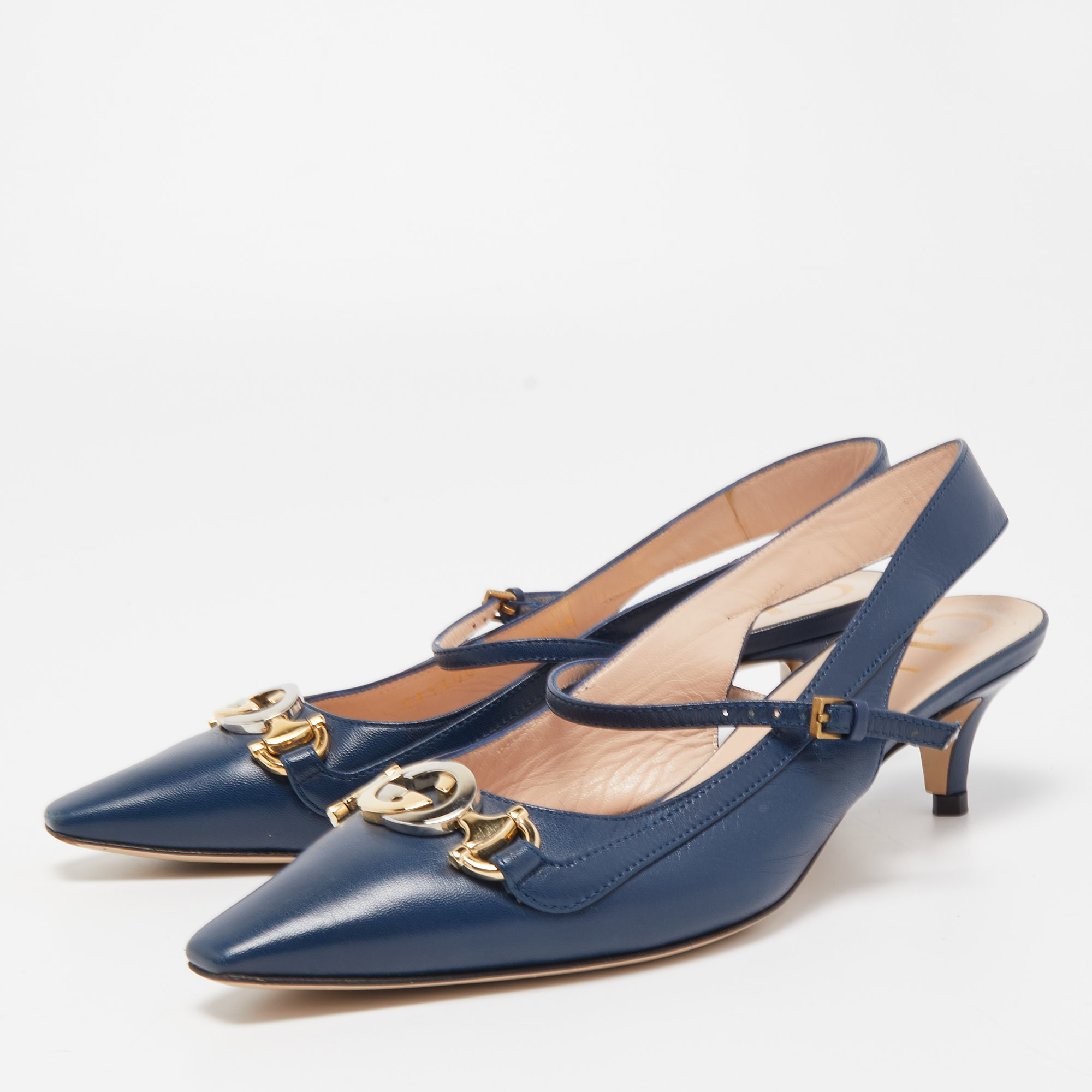 Gucci Blue Leather Zumi Slingback Kitten Pump Size 36