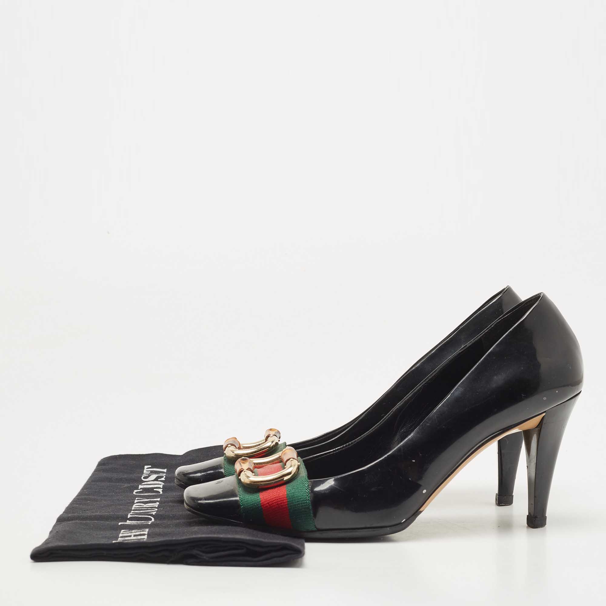 Gucci Black Patent Leather And Canvas Web Bamboo Buckle Pumps Size 36