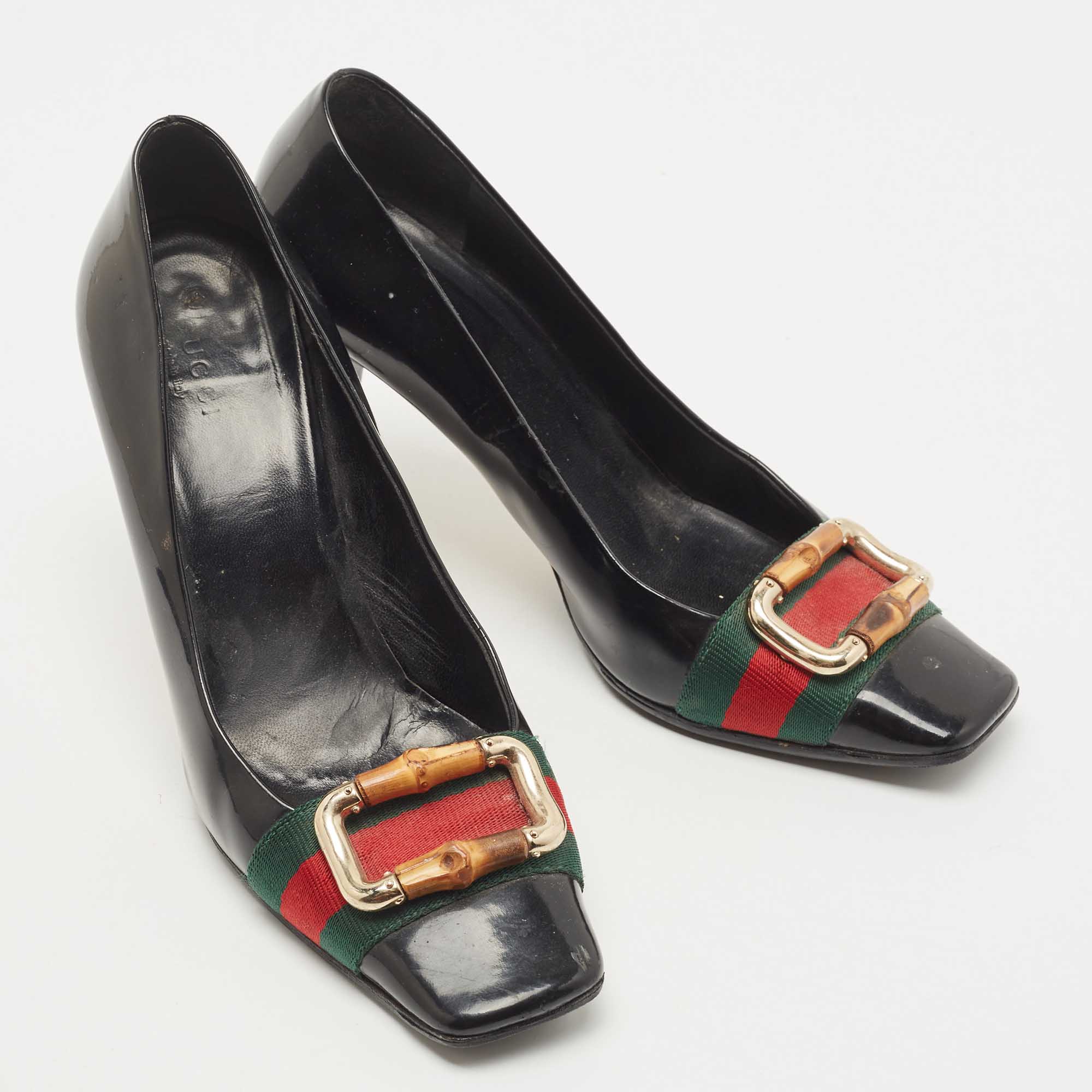 Gucci Black Patent Leather And Canvas Web Bamboo Buckle Pumps Size 36