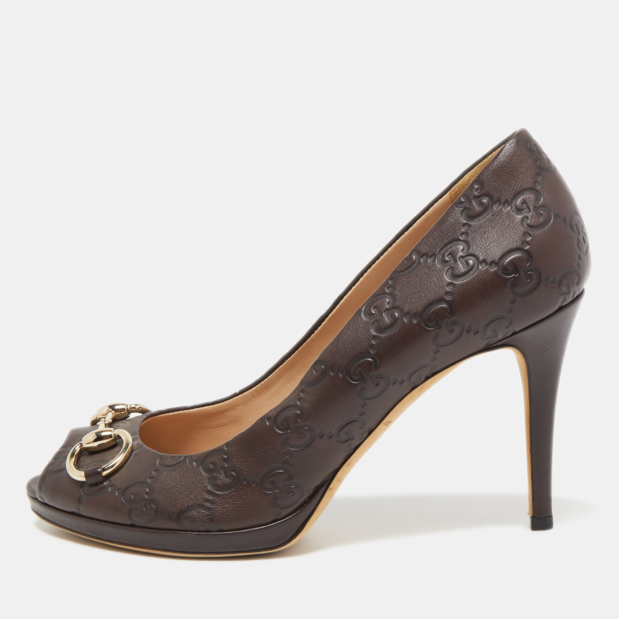 Gucci Brown GG Leather Hollywood Horsebit Peep Toe Pumps Size 38.5