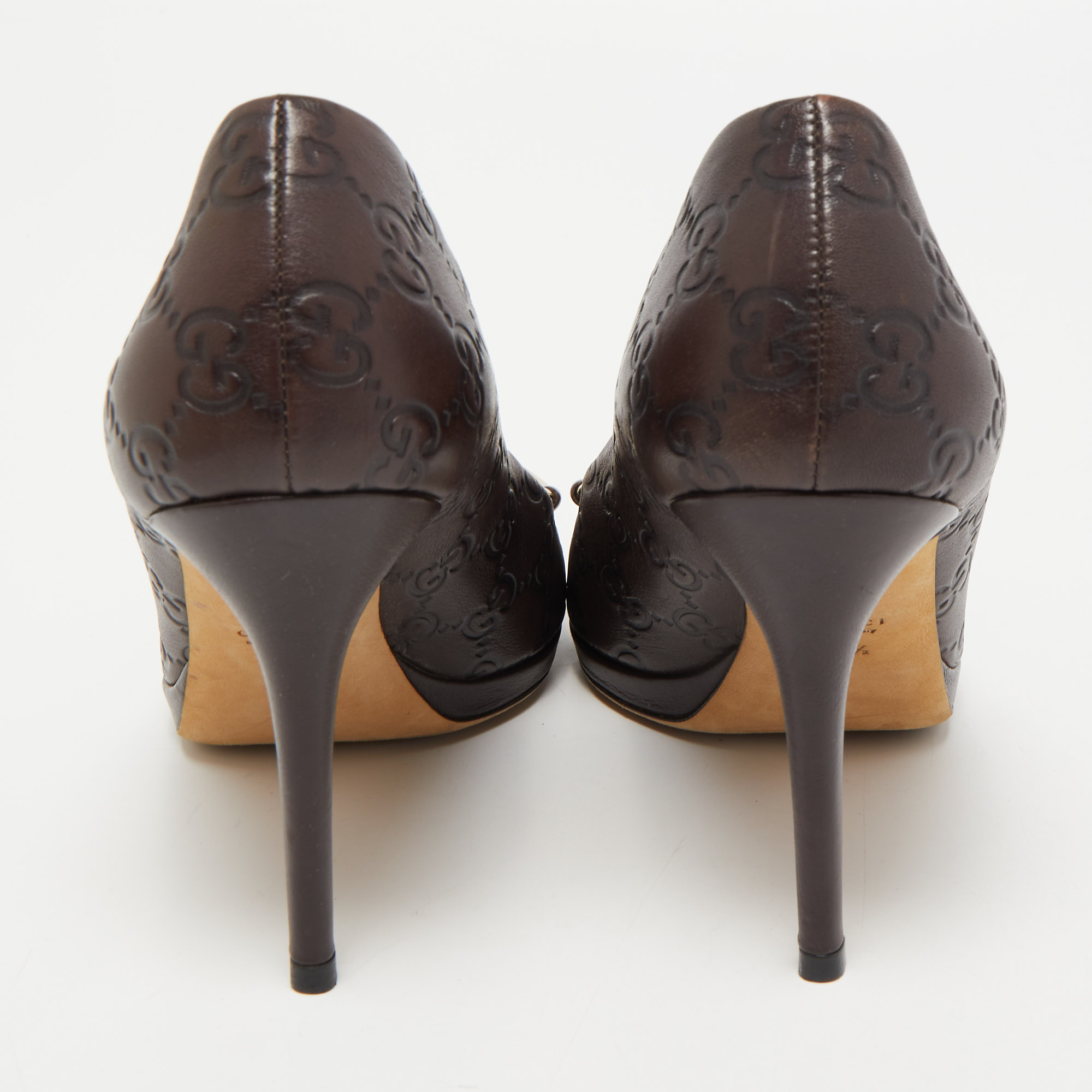 Gucci Brown GG Leather Hollywood Horsebit Peep Toe Pumps Size 38.5