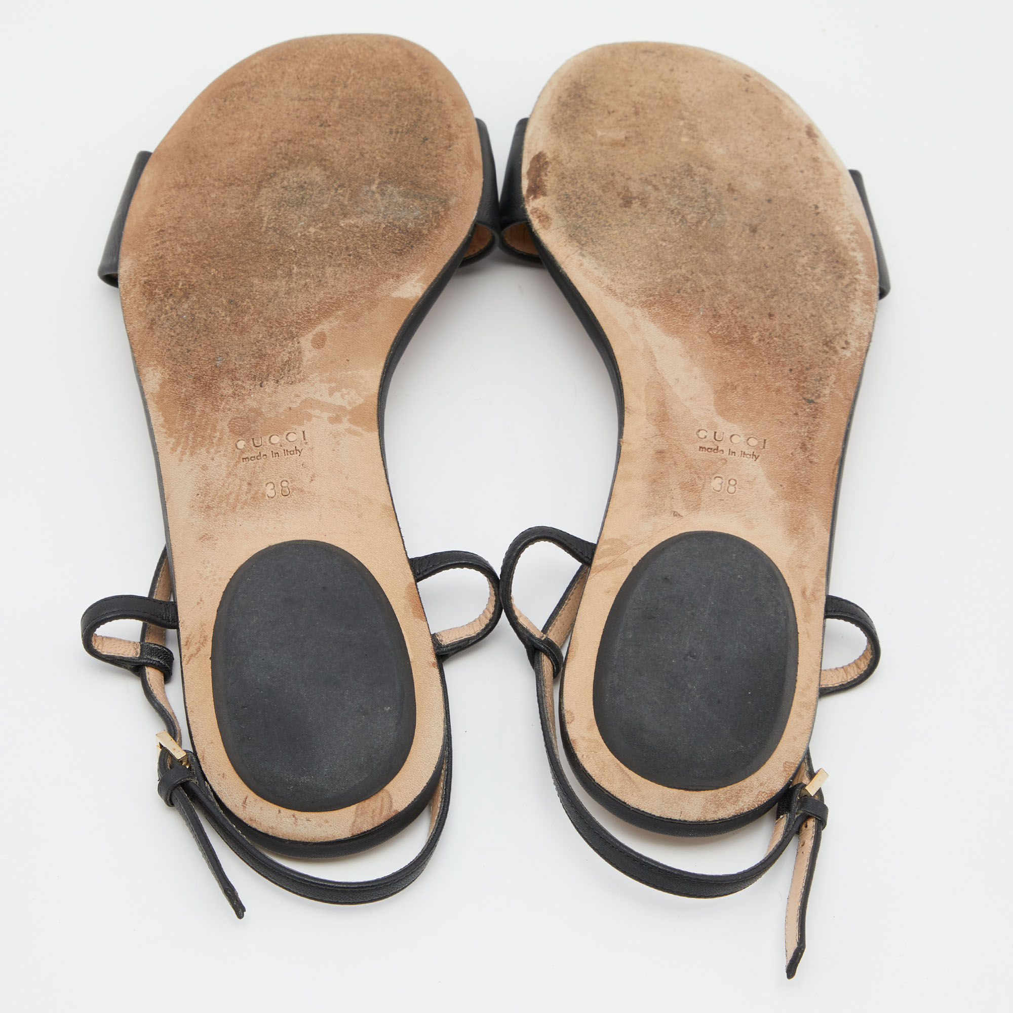 Gucci Black Leather Horsebit T-Strap Flat Sandals Size 38