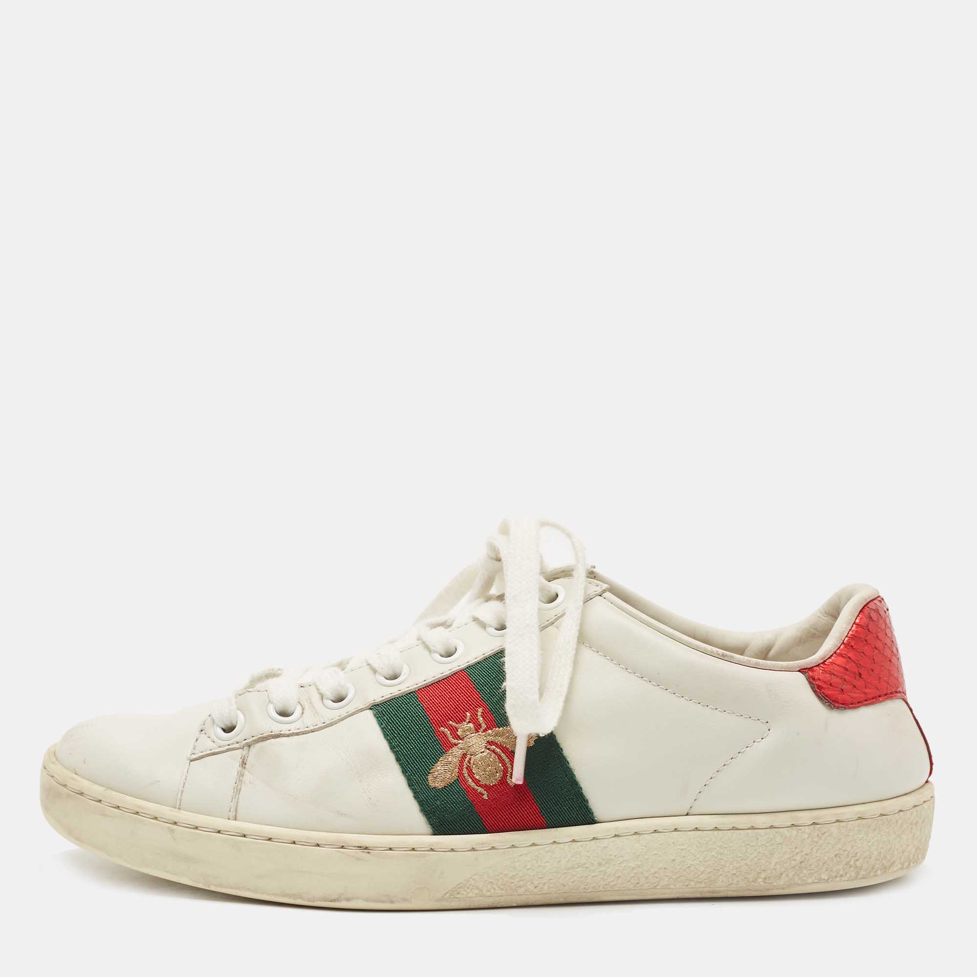 Gucci white leather bee embroidered ace sneakers size 35.5