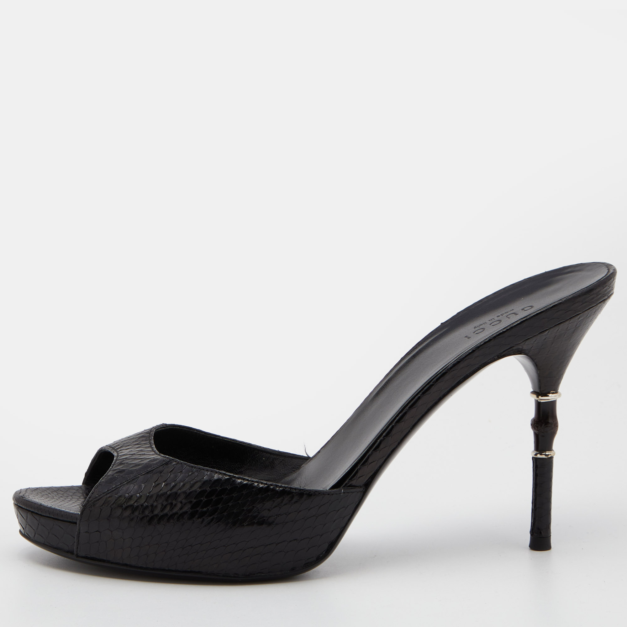 Gucci Black Watersnake Leather Bamboo Heel Platform Sandals Size 40