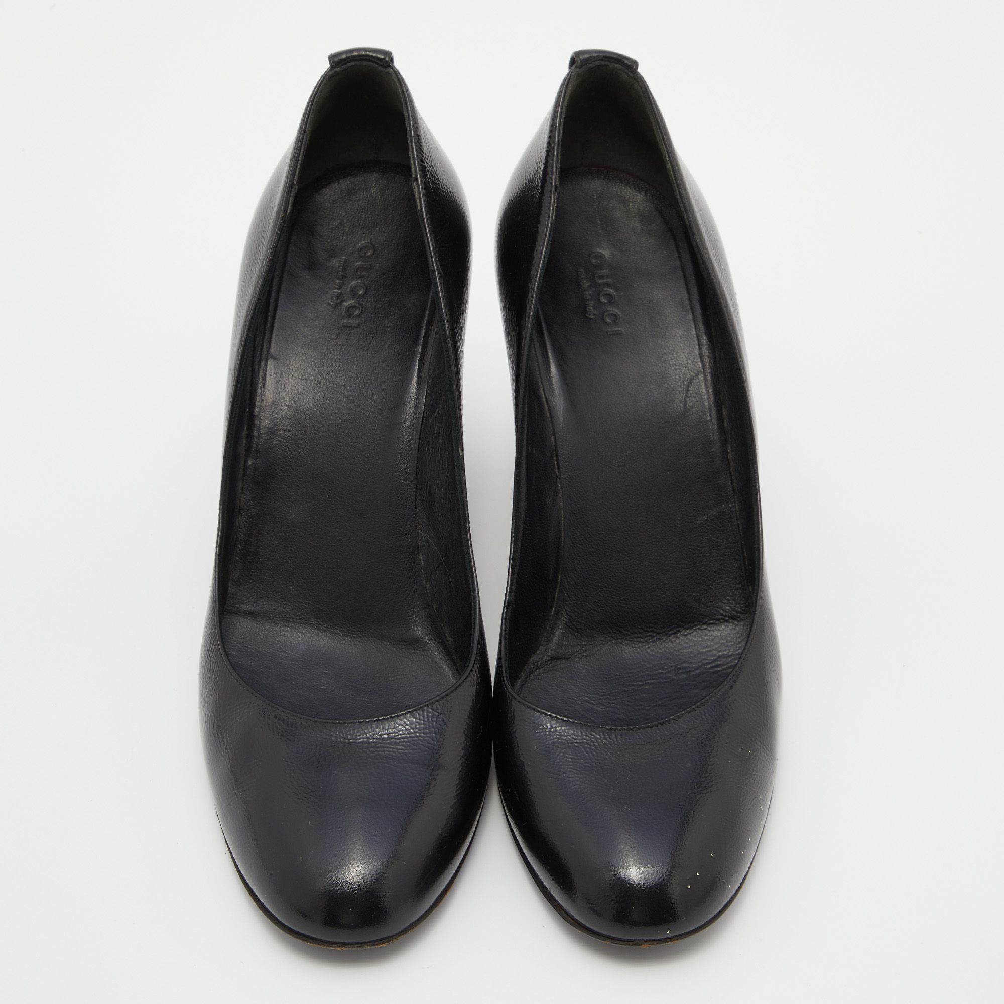 Gucci Black Patent Leather Wedge Round Toe Pumps Size 40