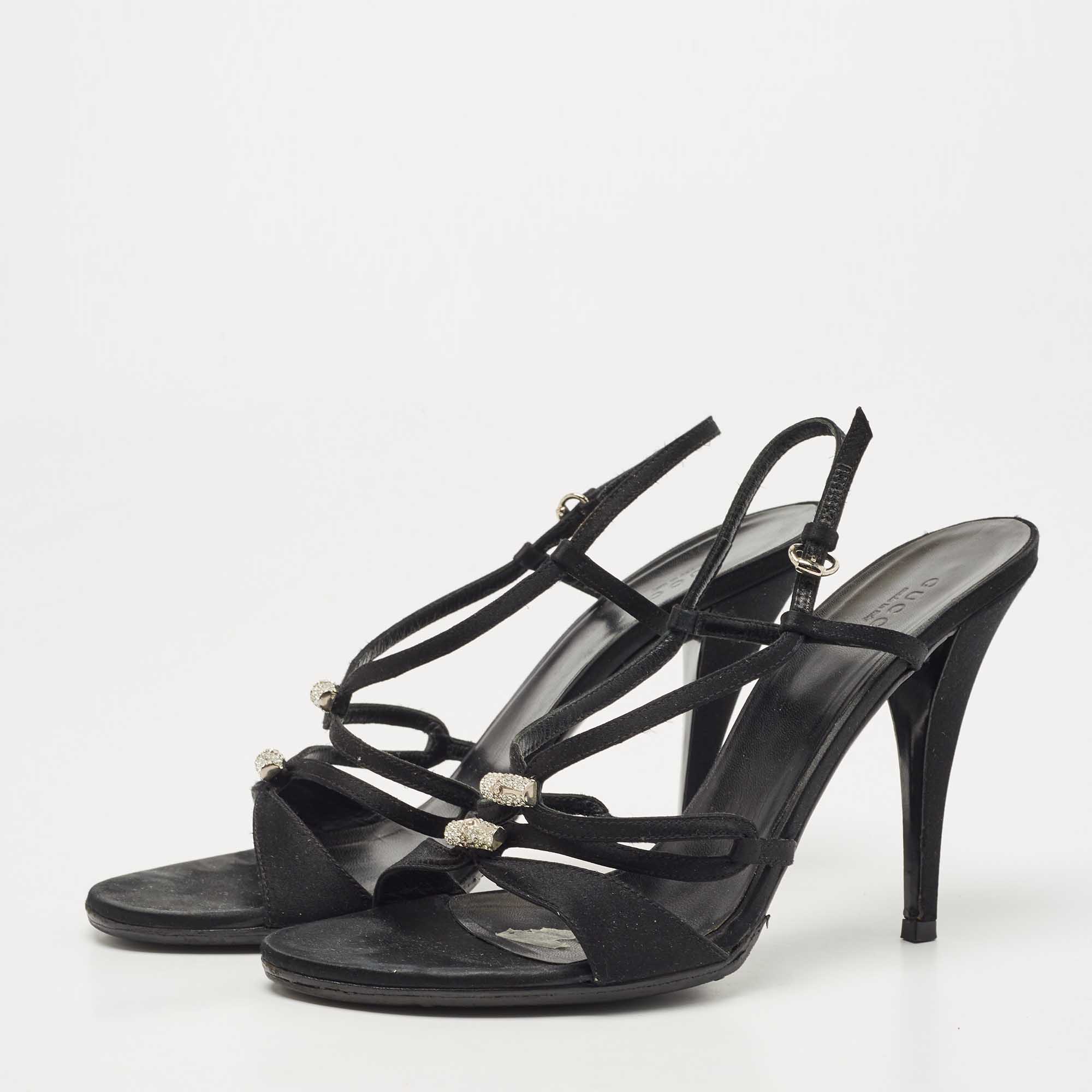 Gucci Black Satin Strappy Sandals Size 39.5