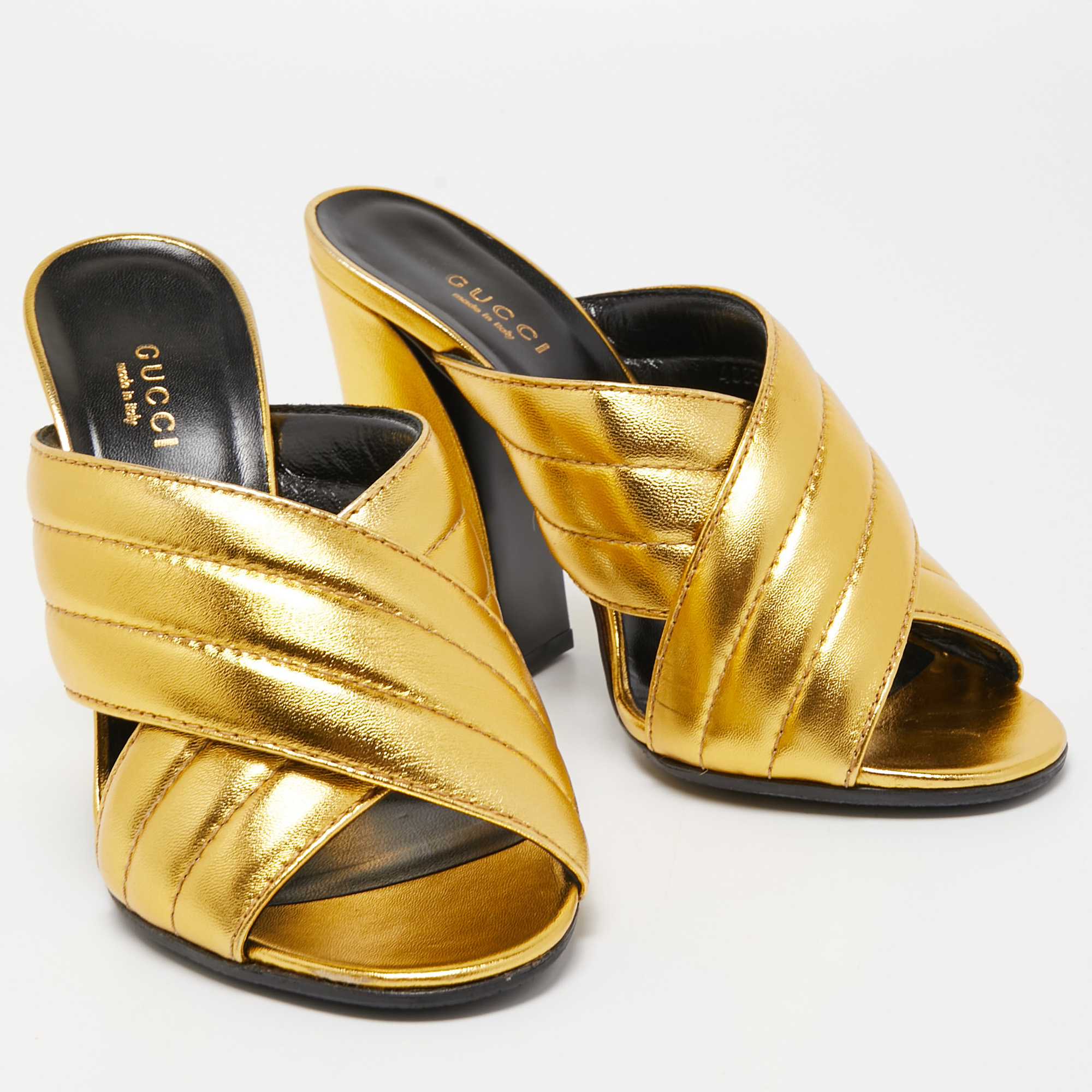Gucci Gold Leather Webby Cross Strap Slide Sandals Size 37.5