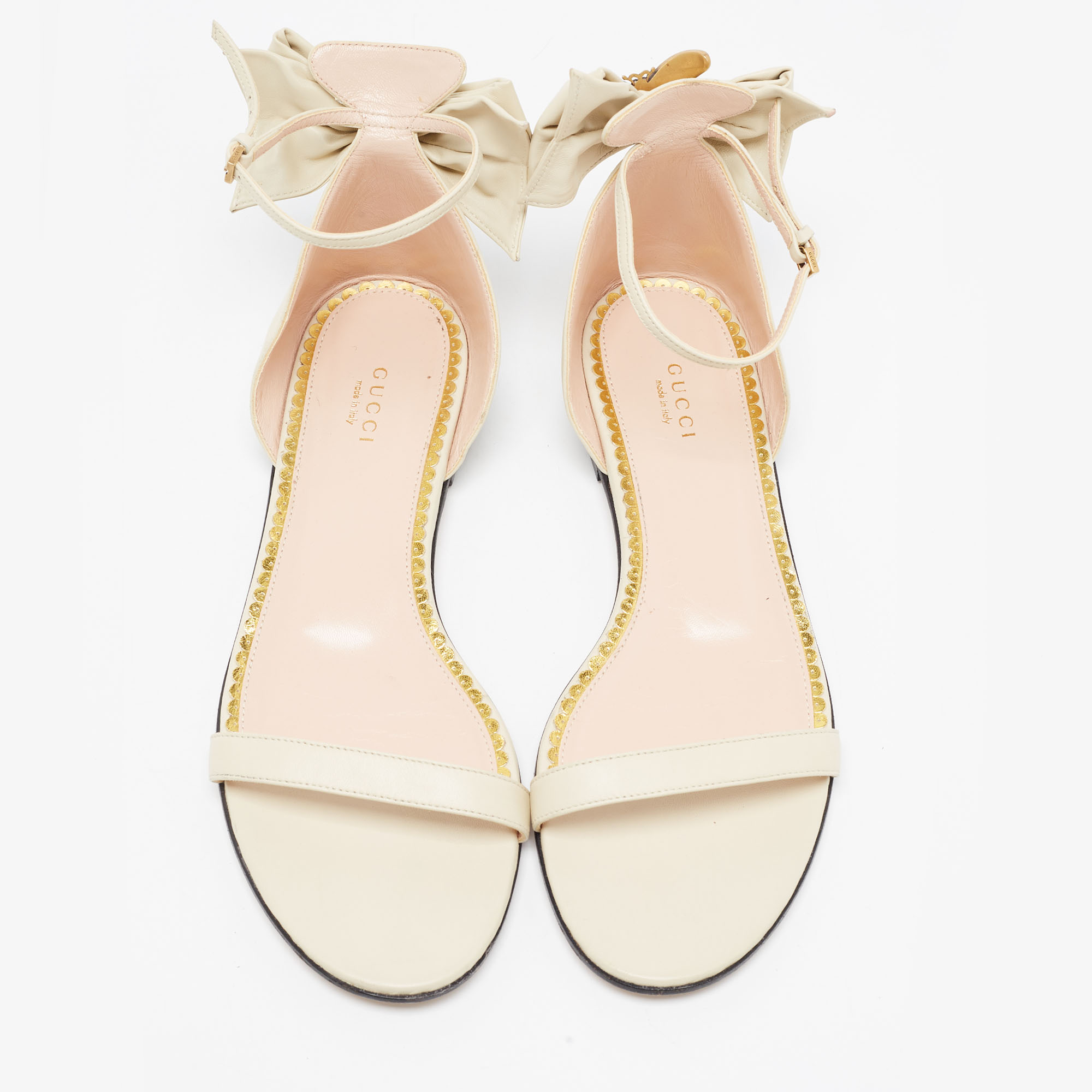 Gucci Cream Leather Embellished Bee Bow Ankle Strap Flat Sandals Size 41