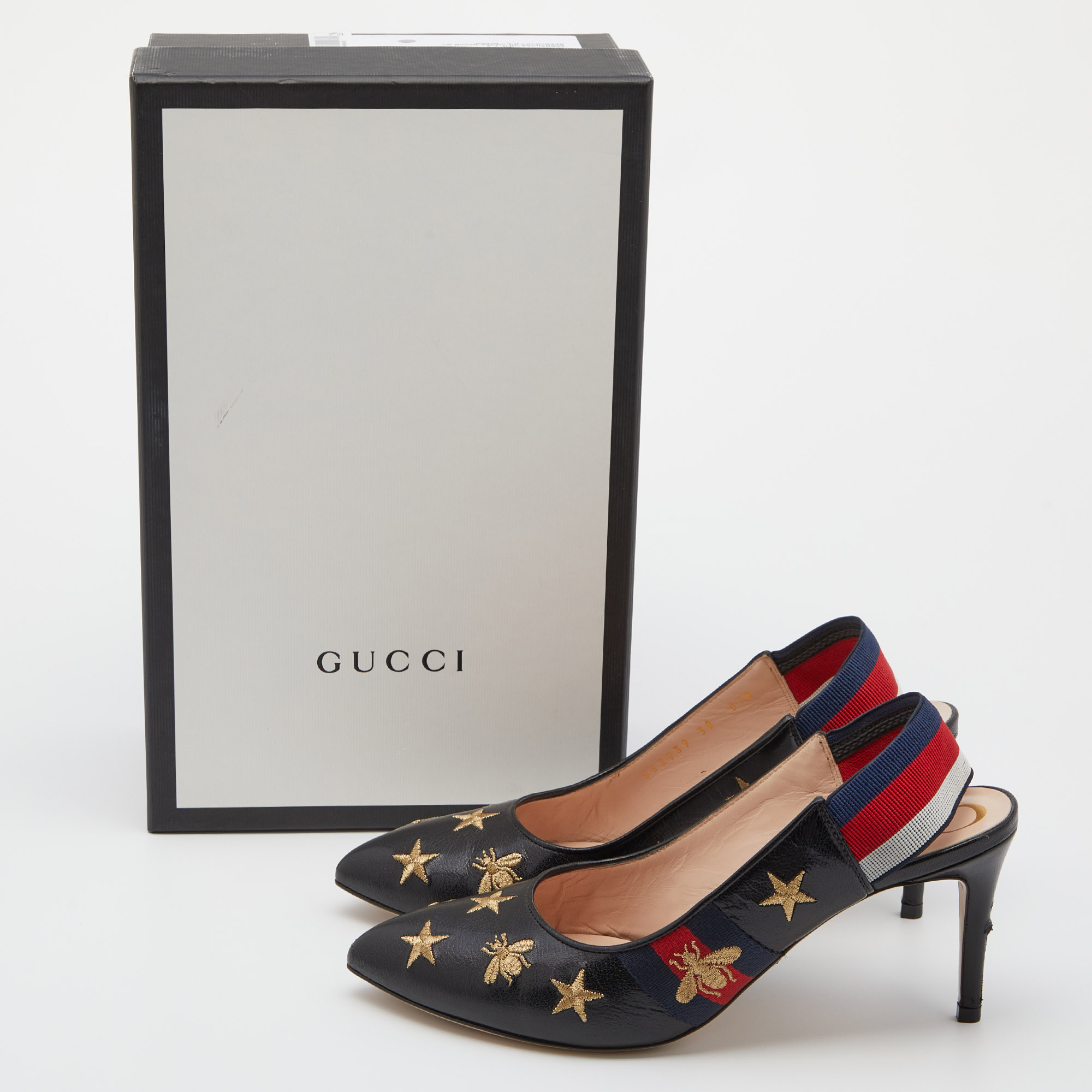 Gucci Black Bee Star Embroidered Leather Web Sylvie Slingback Pumps Size 38