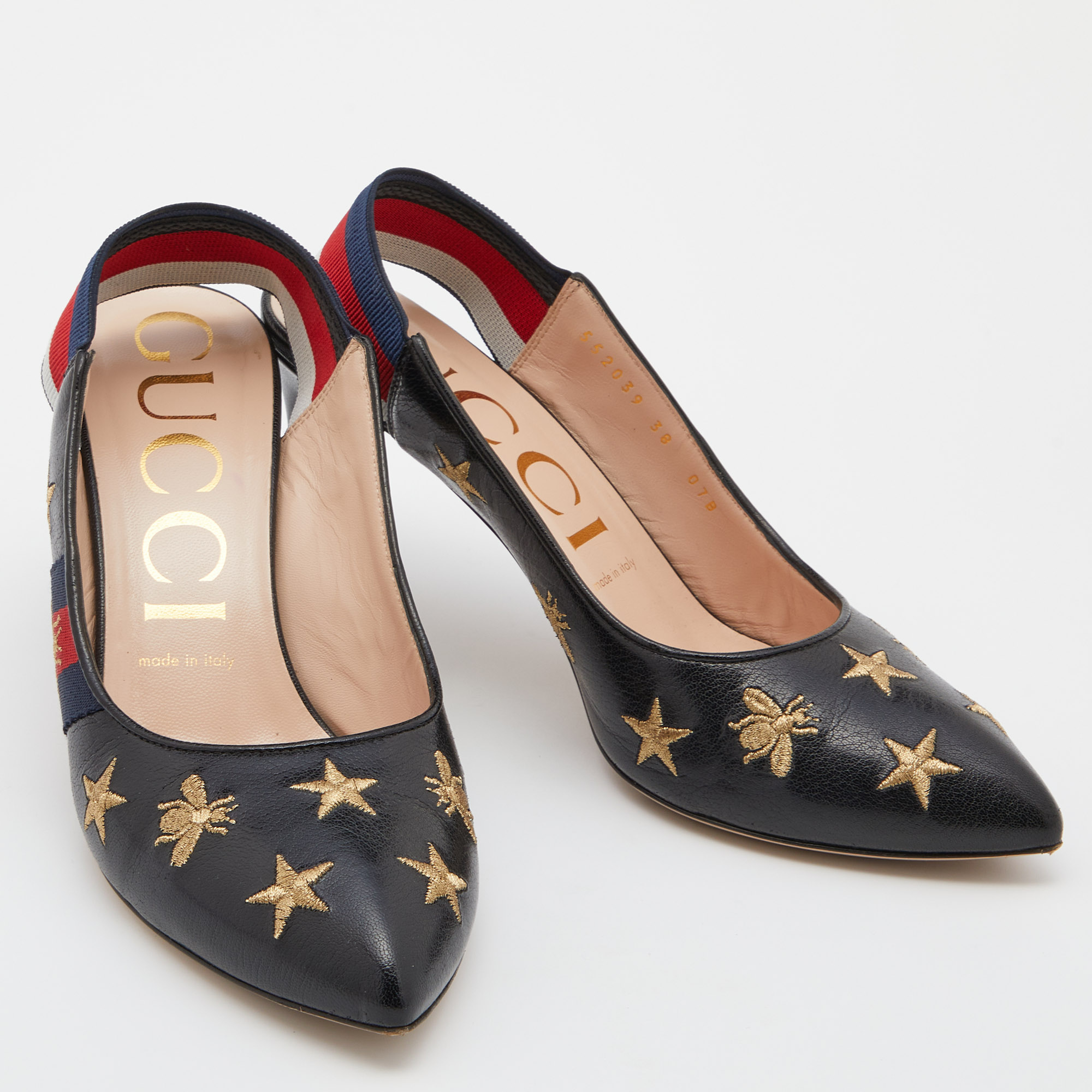 Gucci Black Bee Star Embroidered Leather Web Sylvie Slingback Pumps Size 38