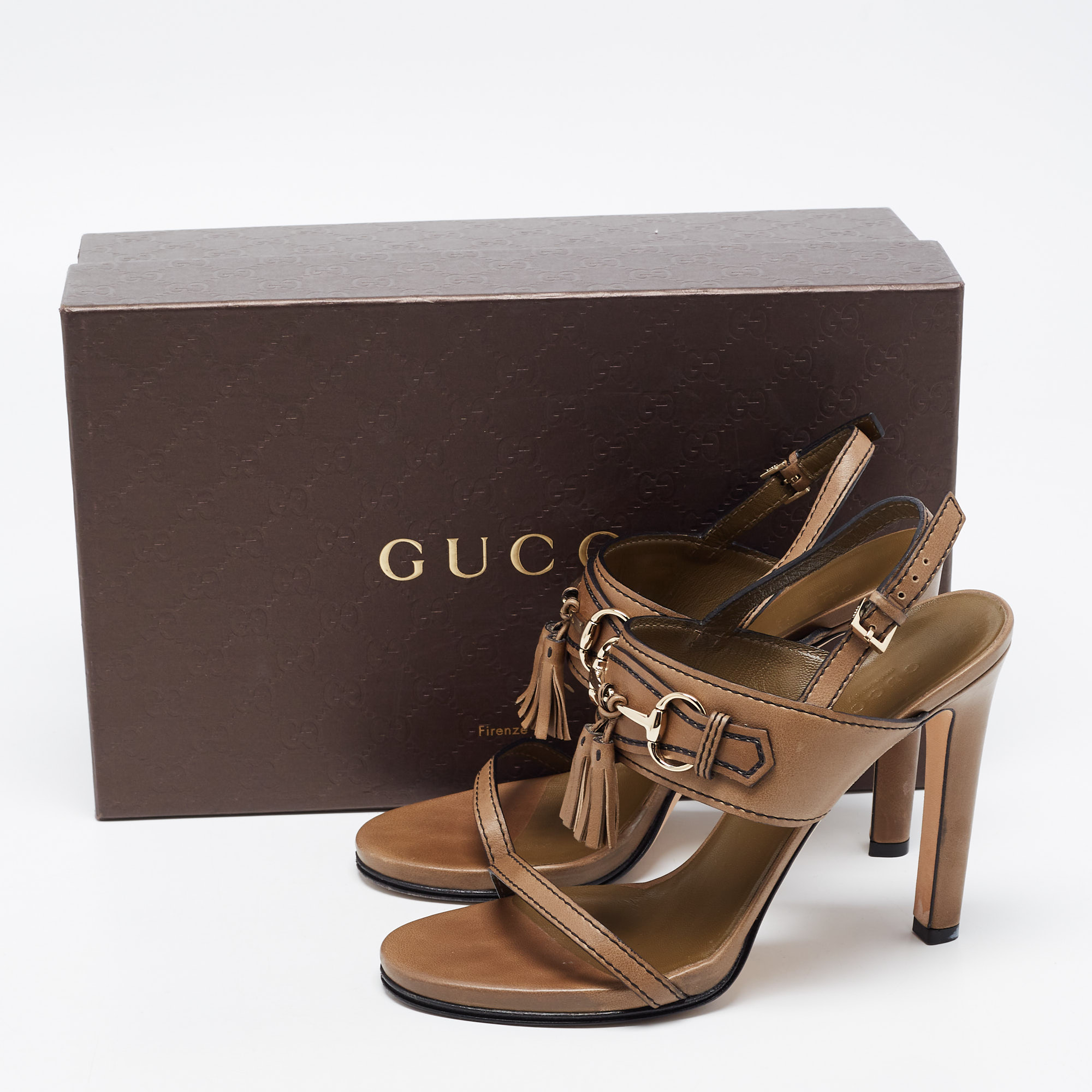Gucci Olive Green Horsebit Tassel Emily Slingback Sandals Size 38.5