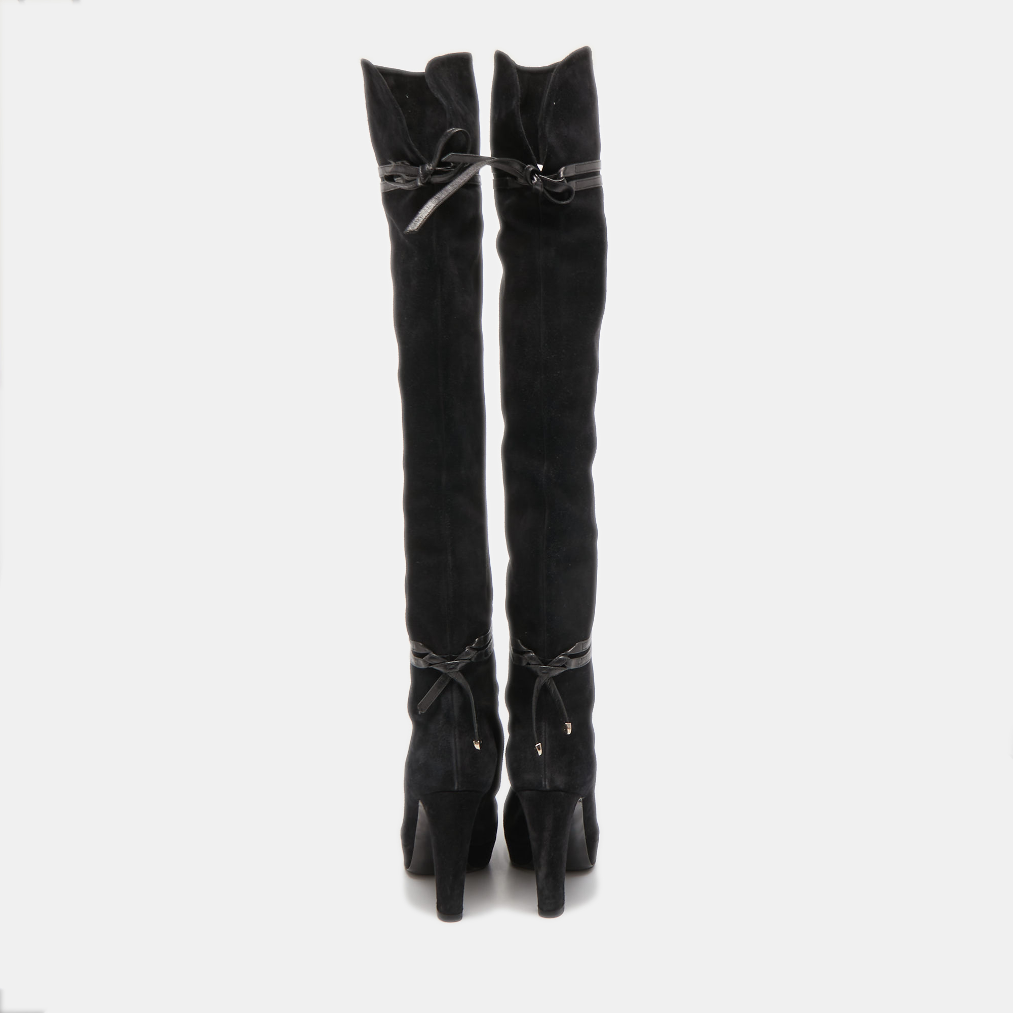 Gucci Black Suede And Leather Bow Over The Knee Boots Size 36.5