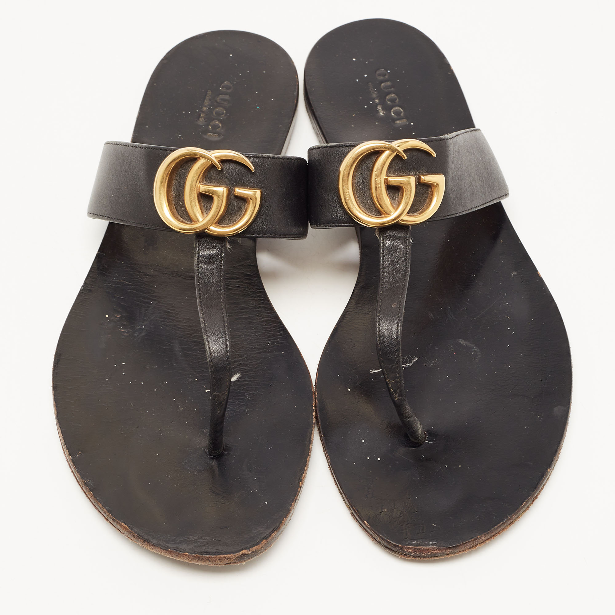 Gucci Black Leather GG Marmont Thong Flats Size 38