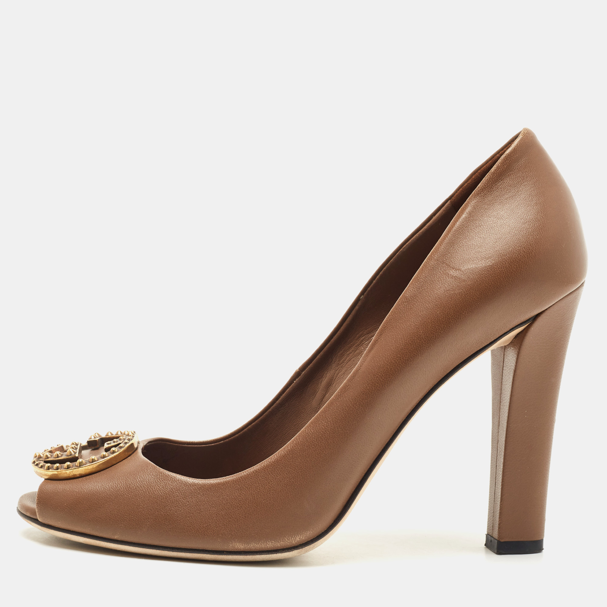 Gucci Brown Leather GG Peep Toe  Pumps Size 41