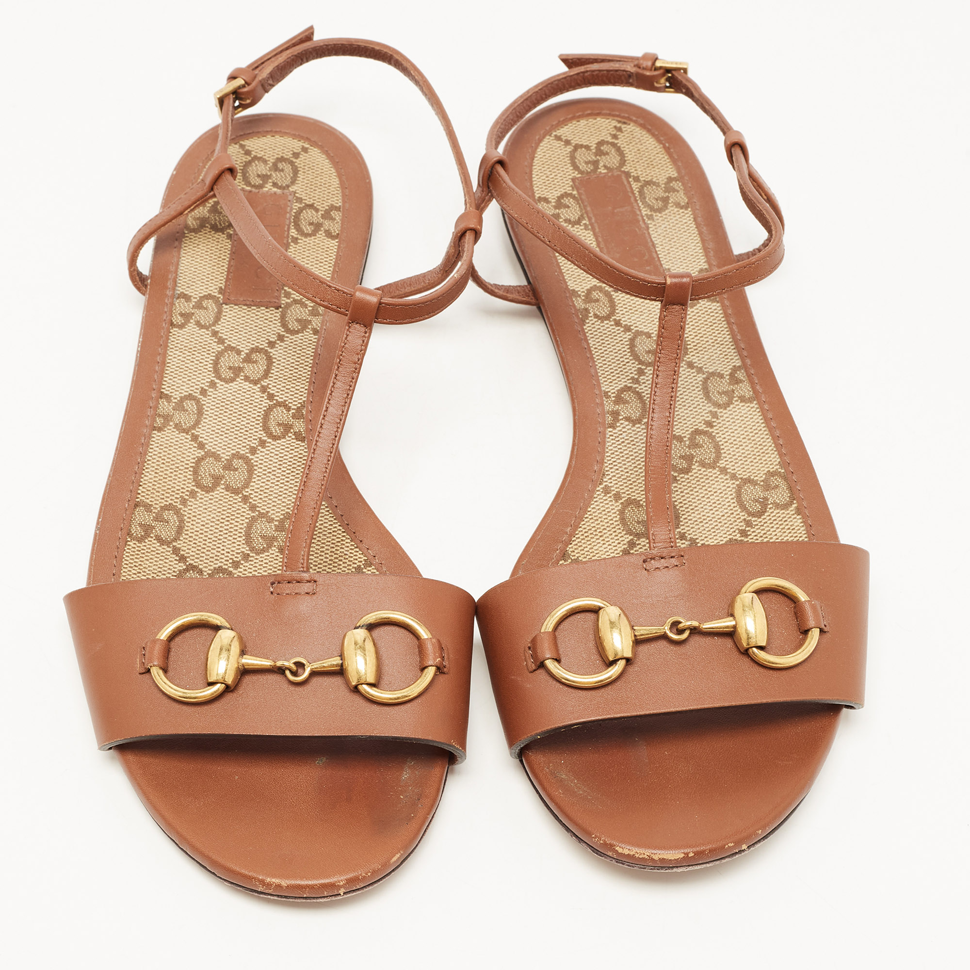 Gucci Brown Leather Horsebit Flat Sandals Size 36.5