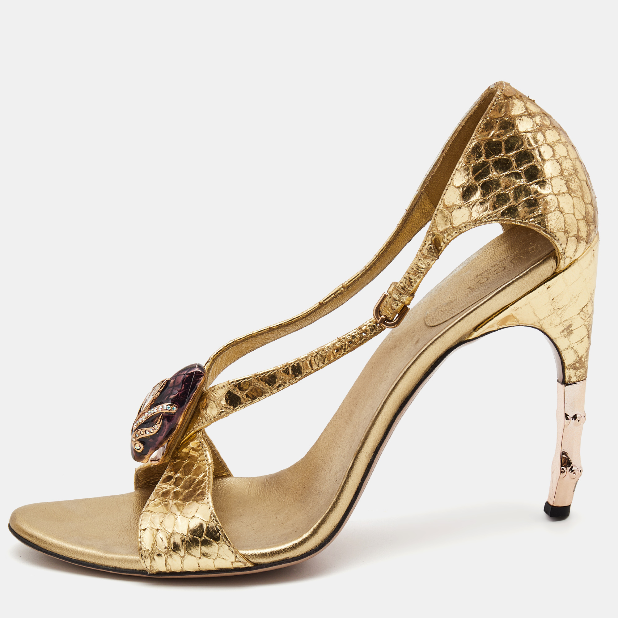 Gucci gold python embossed leather jeweled sandals size 38