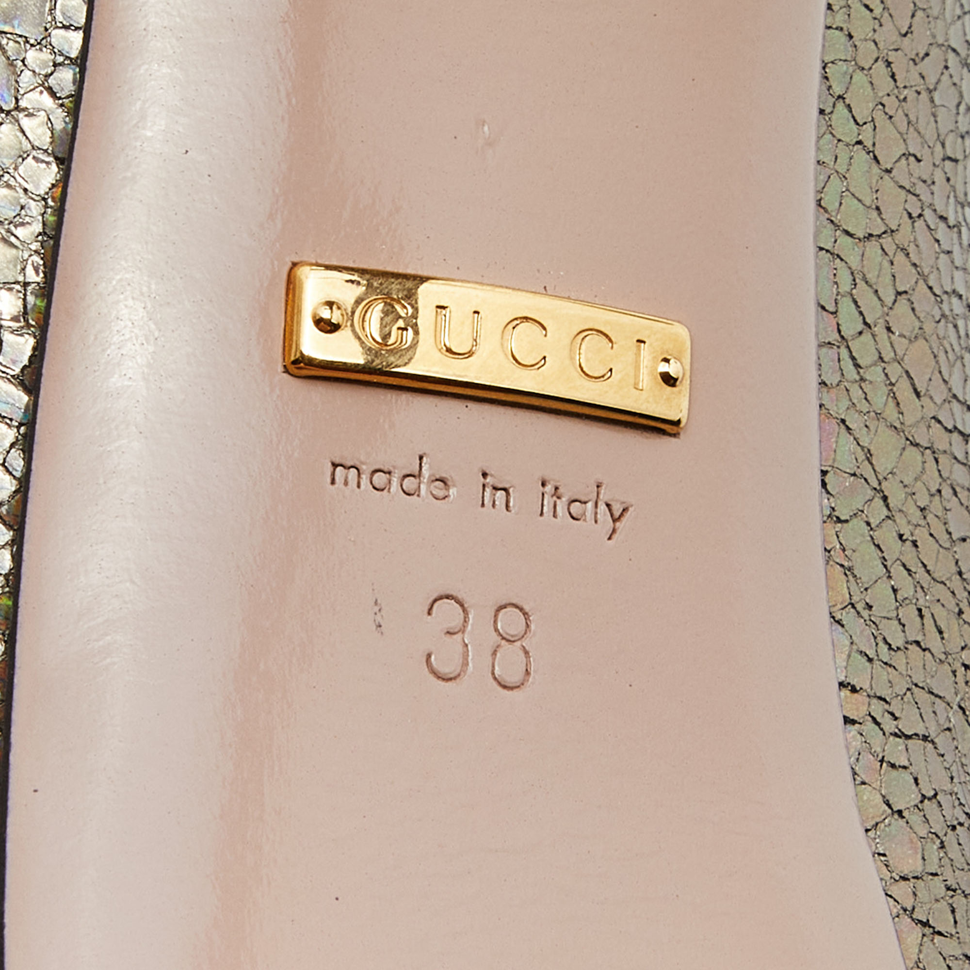 Gucci Metallic Nizza Laser Leather Peep Toe Platform Pumps Size 38
