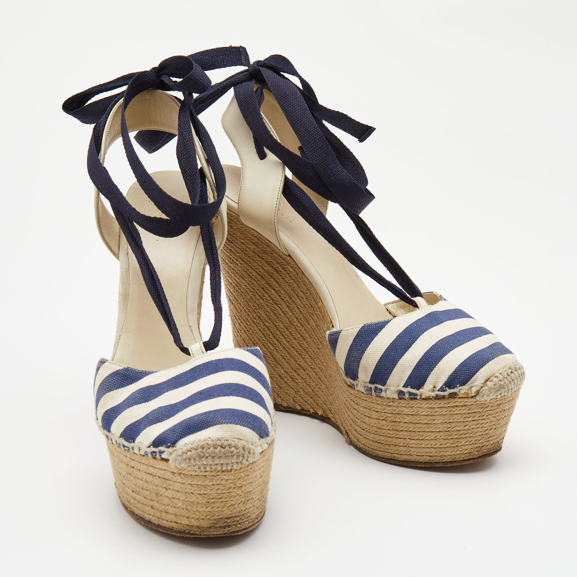 Gucci Navy Blue/White Striped Canvas And Leather Espadrille Wedge Ankle Tie Pumps Size 38