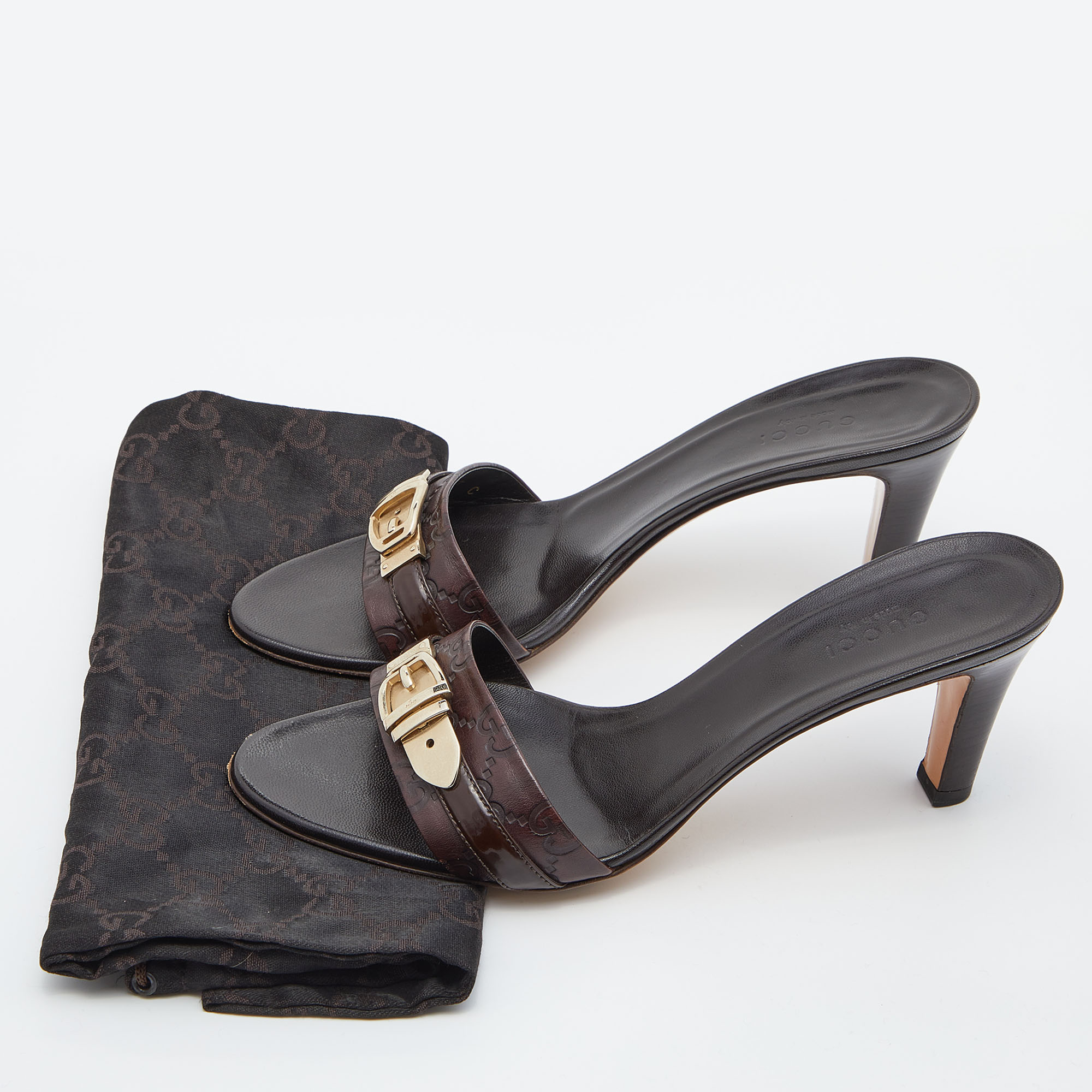 Gucci Brown Guccissima Leather Buckle Detail Slide Sandals Size 37