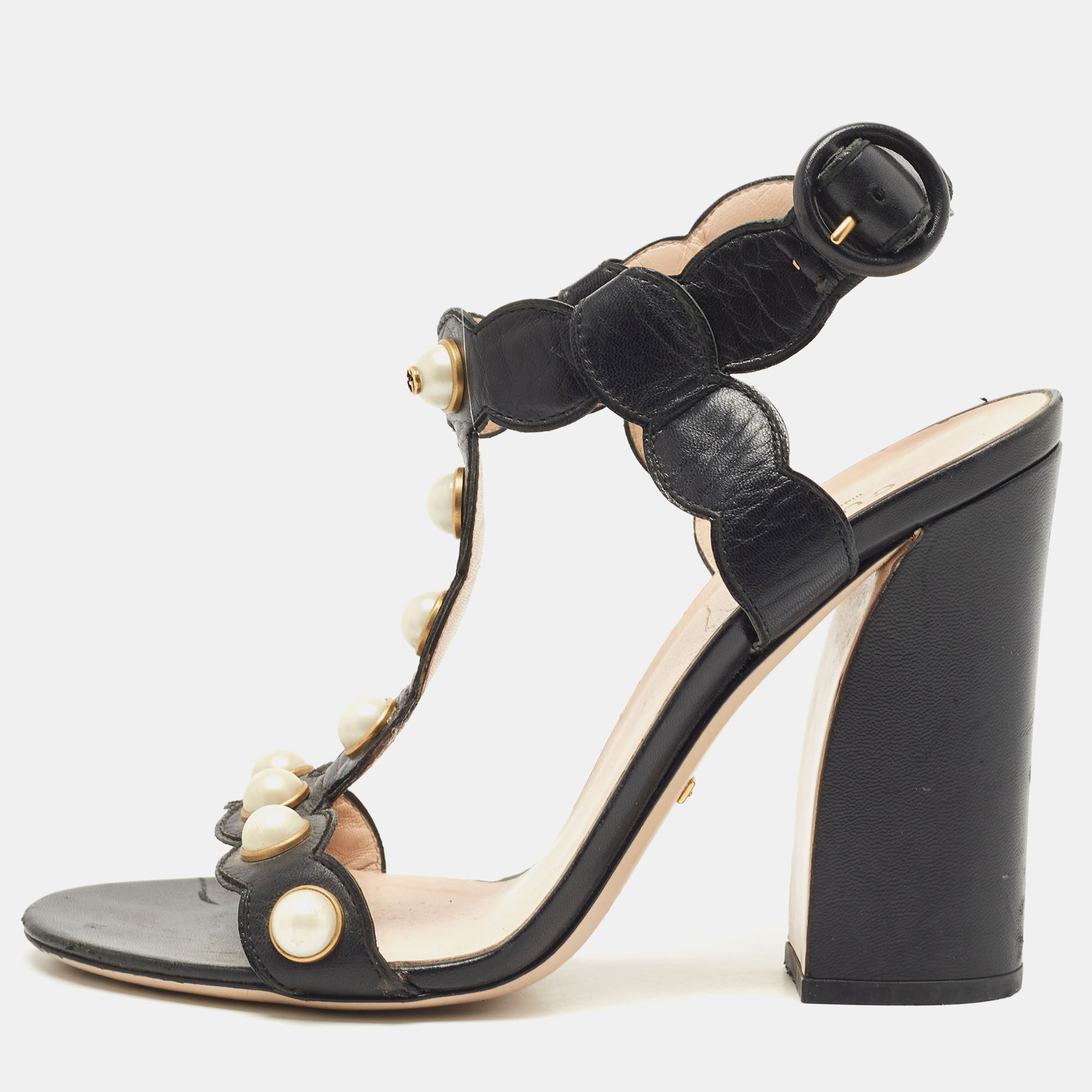Gucci Black Leather Faux Pearl Willow T-Strap Sandals Size 39