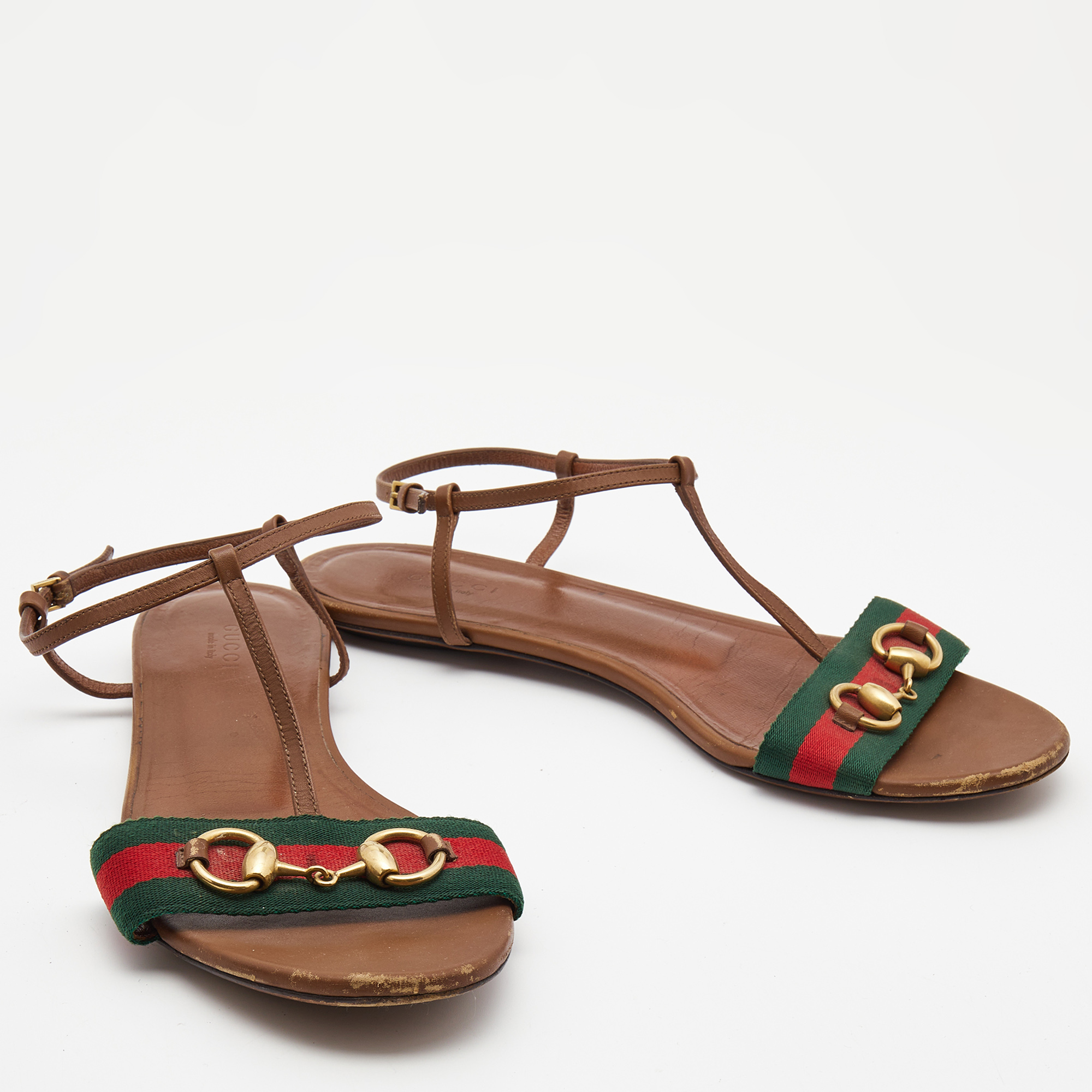 Gucci Brown Leather Web Detail Liliana Horsebit Flat Sandals Size 40