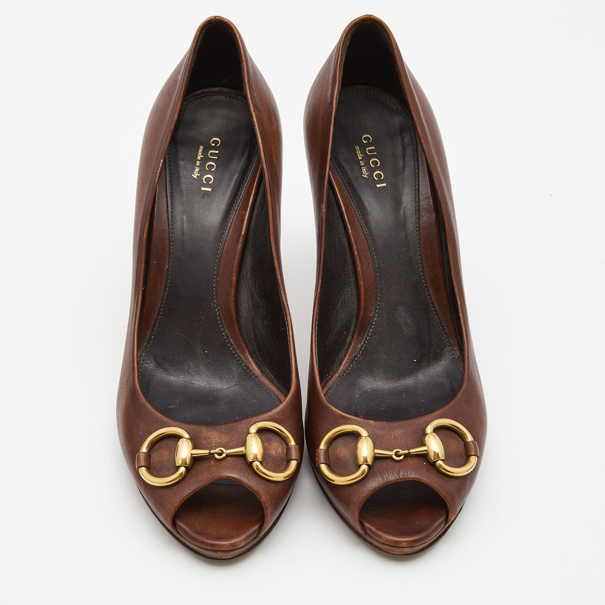 Gucci Brown Leather Hollywood Peep Toe Pumps Size 39