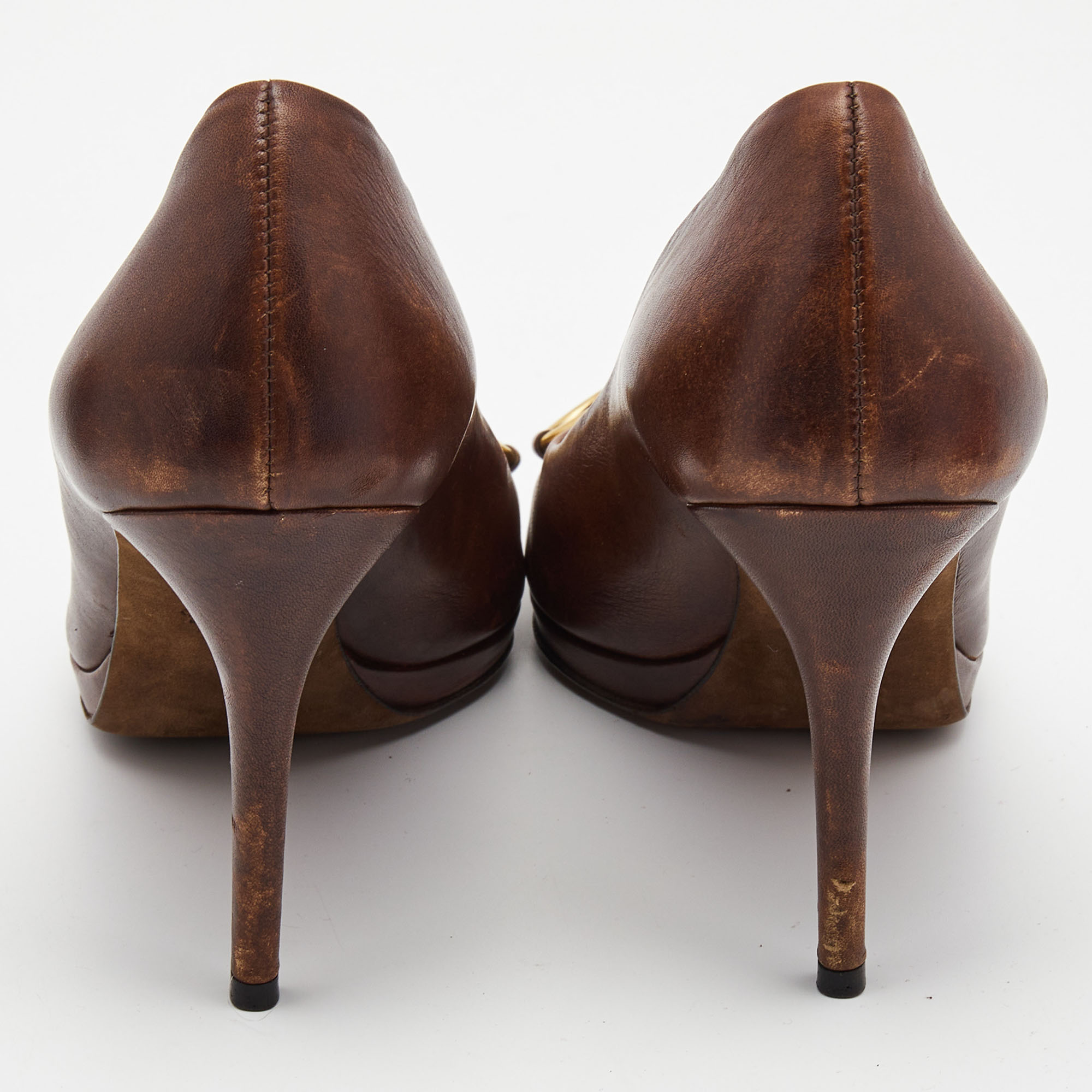 Gucci Brown Leather Hollywood Peep Toe Pumps Size 39
