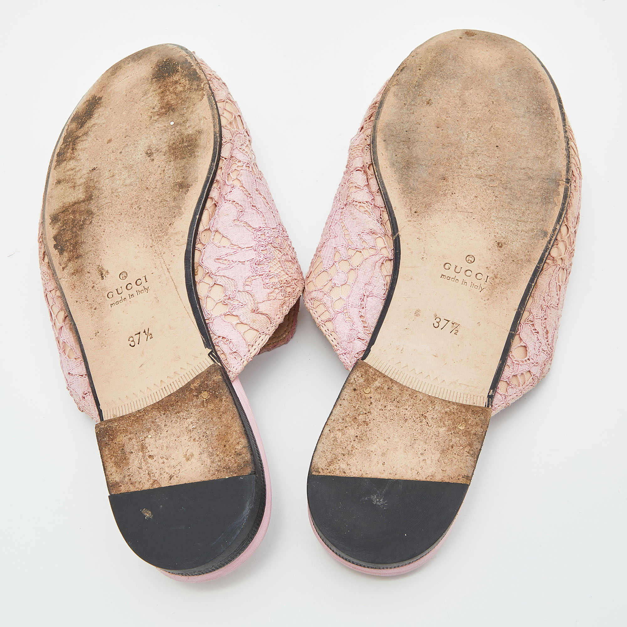 Gucci Pink Floral Lace And Leather Princetown Flat Mule Size 37.5