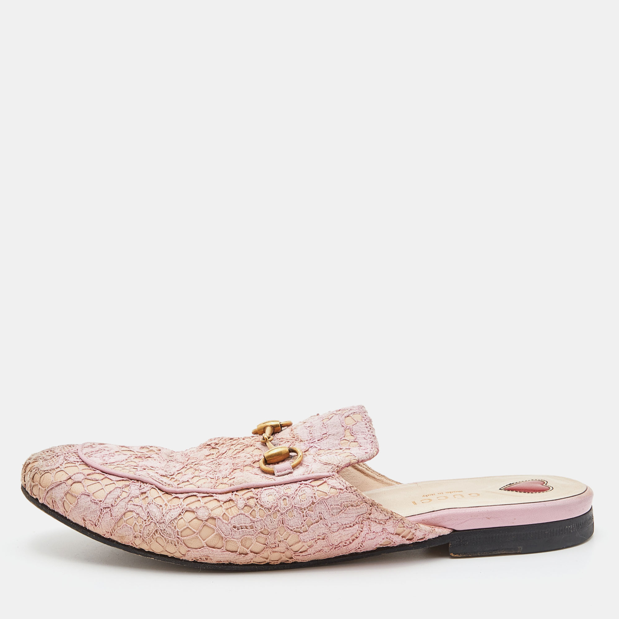 Gucci Pink Floral Lace And Leather Princetown Flat Mule Size 37.5